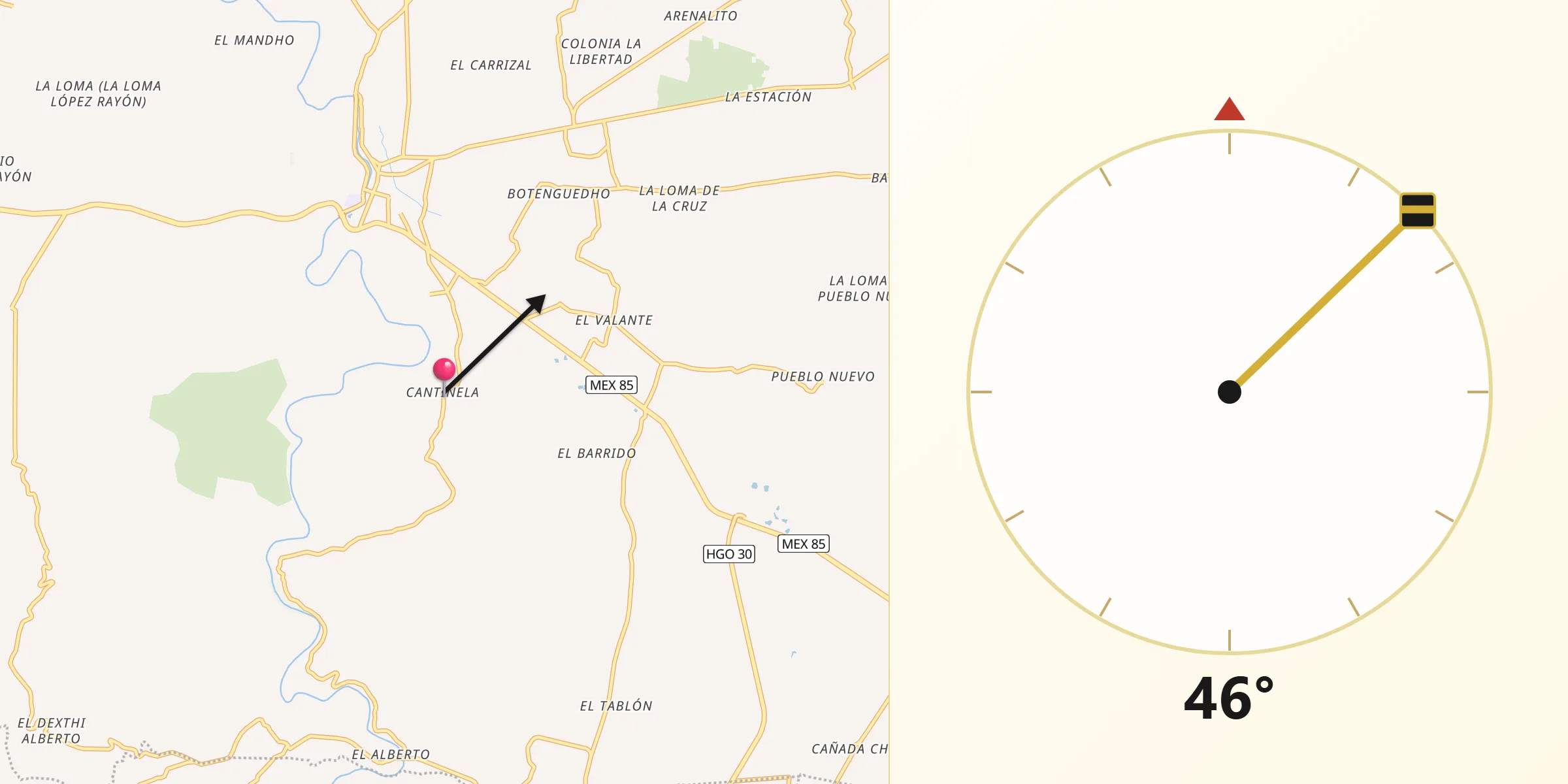 Dirección de la Qibla desde Cantinela