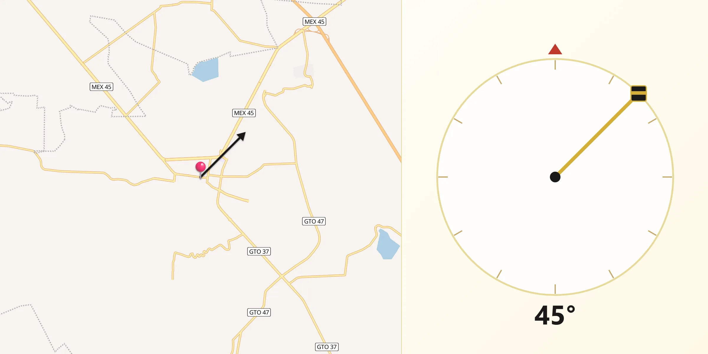Dirección de la Qibla desde Apaseo el Alto
