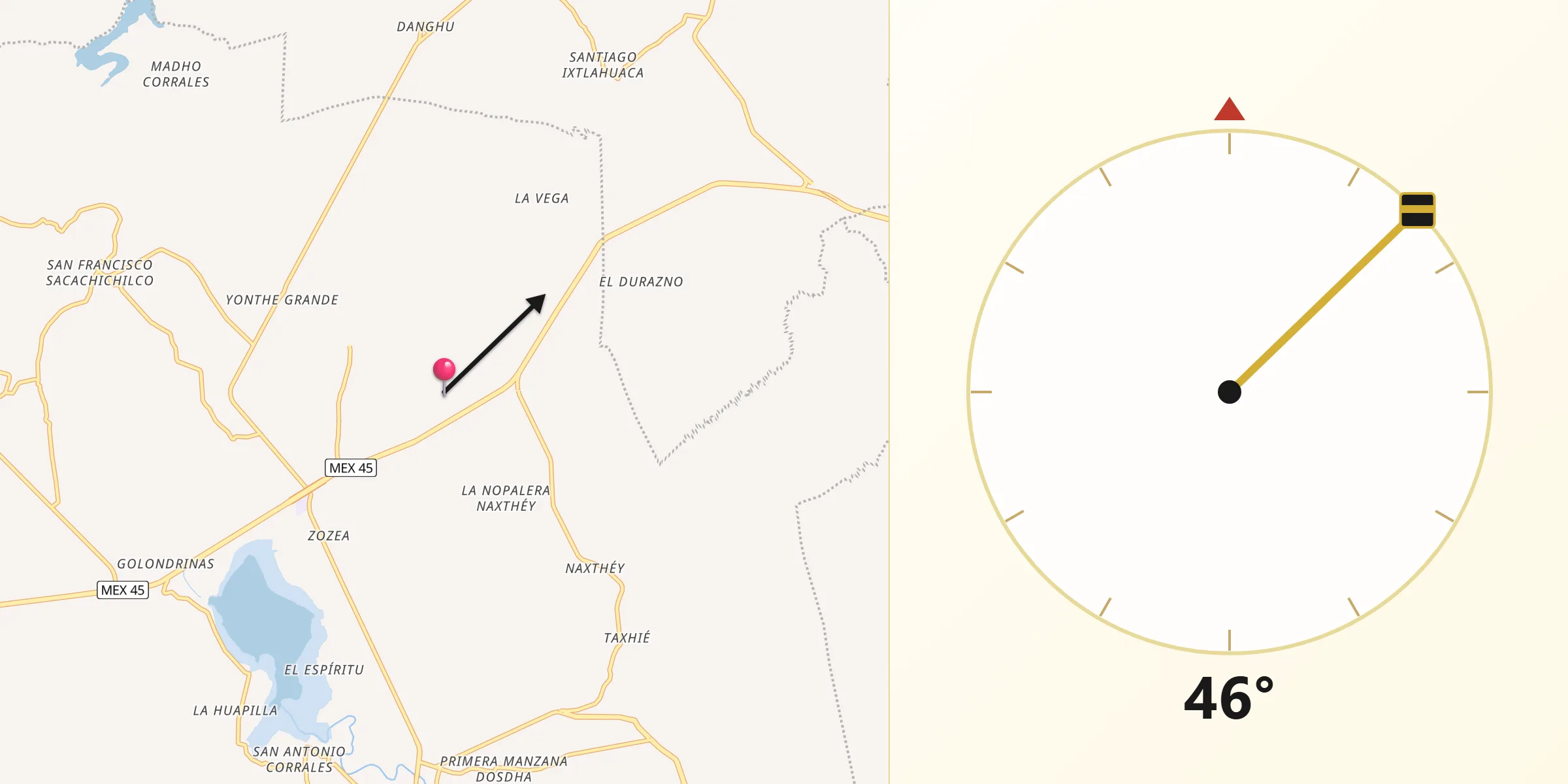 Dirección de la Qibla desde Santa María Xigui