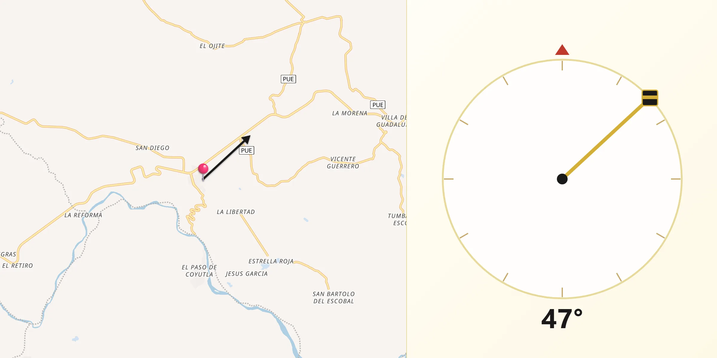 Dirección de la Qibla desde Villa Lázaro Cárdenas