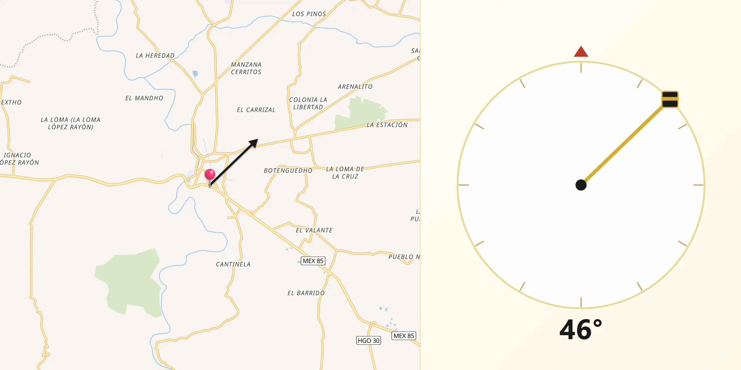Dirección de la Qibla desde Ixmiquilpan