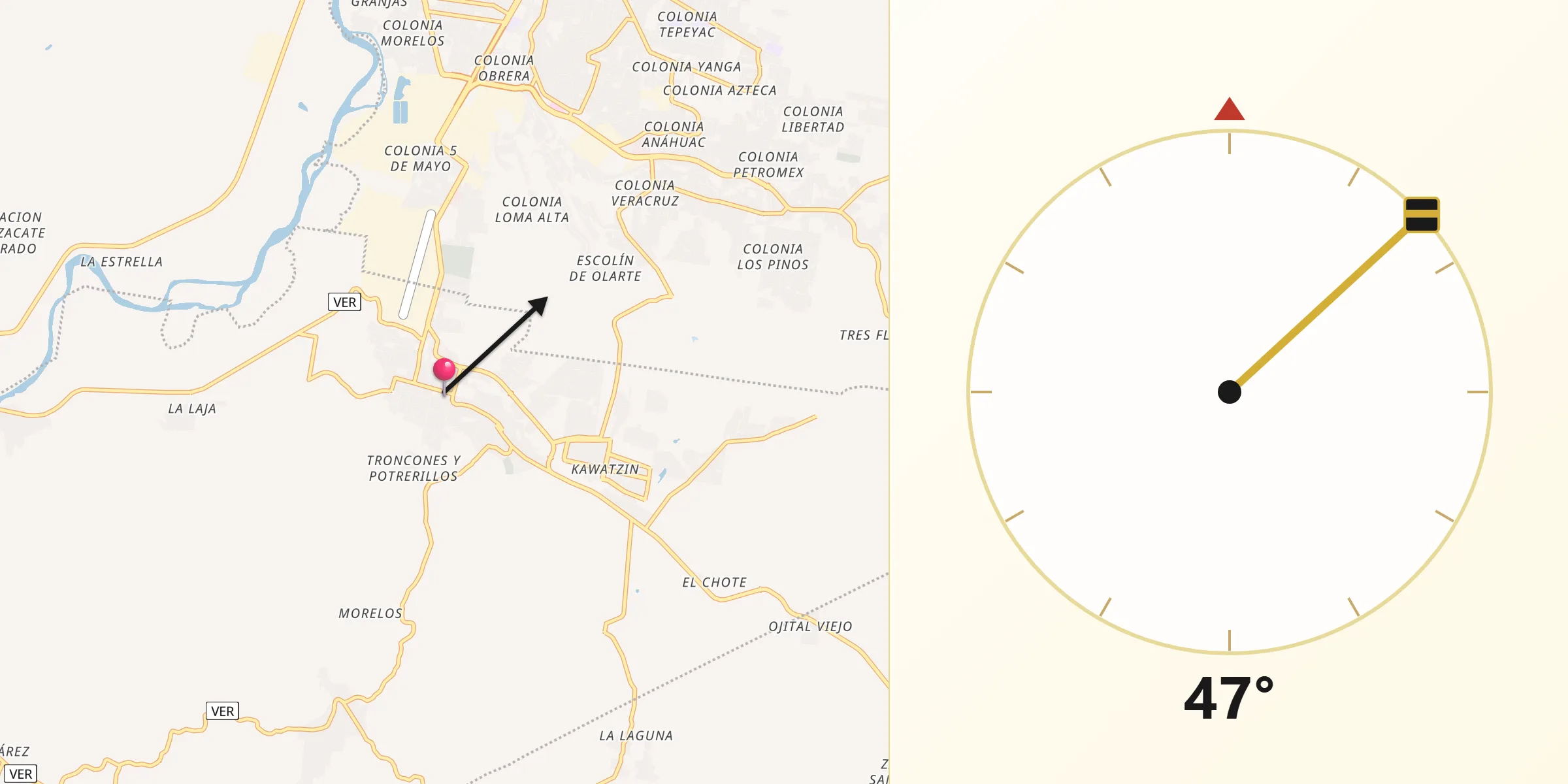 Dirección de la Qibla desde Coatzintla