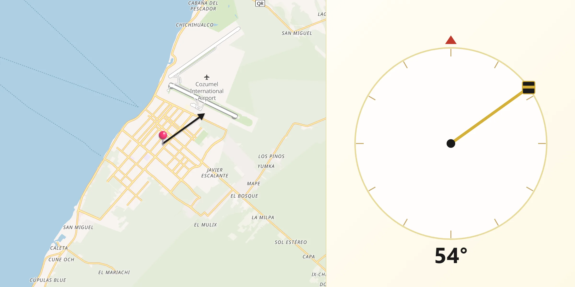Dirección de la Qibla desde Cozumel