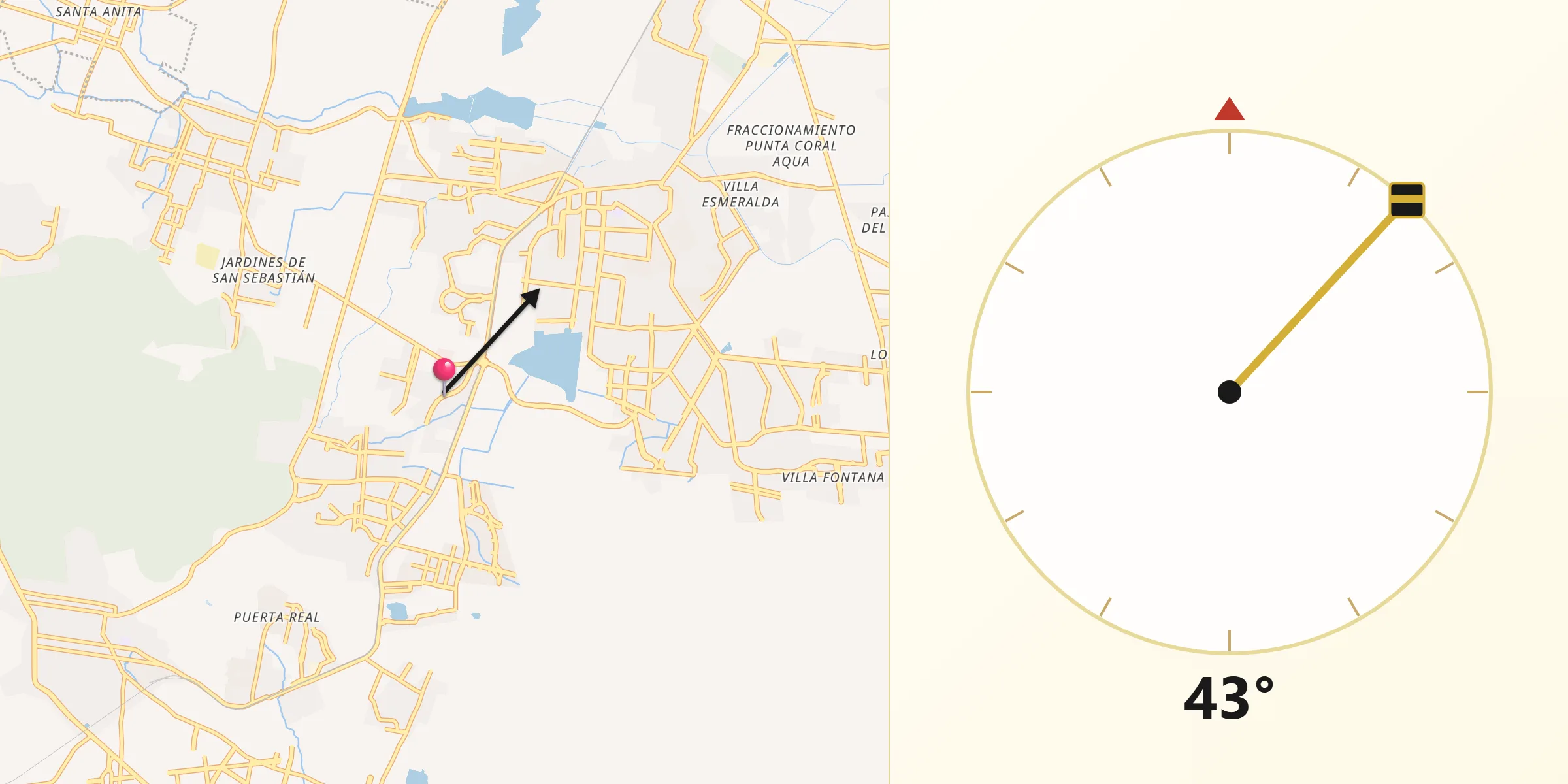 Dirección de la Qibla desde Colinas del Roble