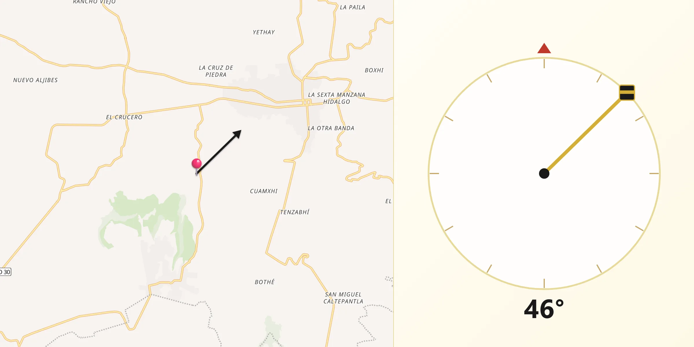Dirección de la Qibla desde Bomanxotha