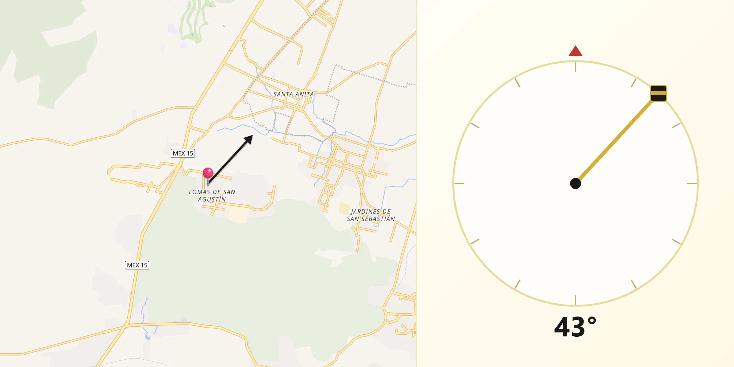 Dirección de la Qibla desde Lomas de San Agustín