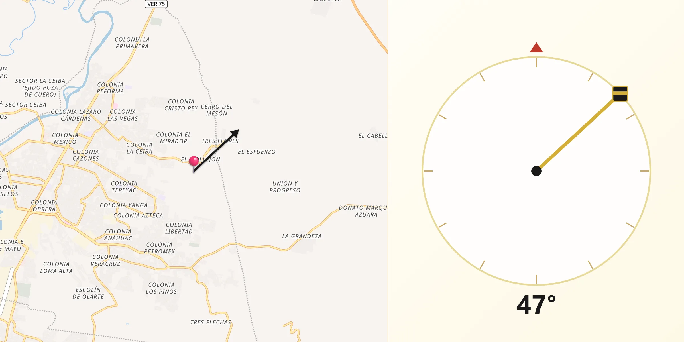 Dirección de la Qibla desde Arroyo del Maíz Uno