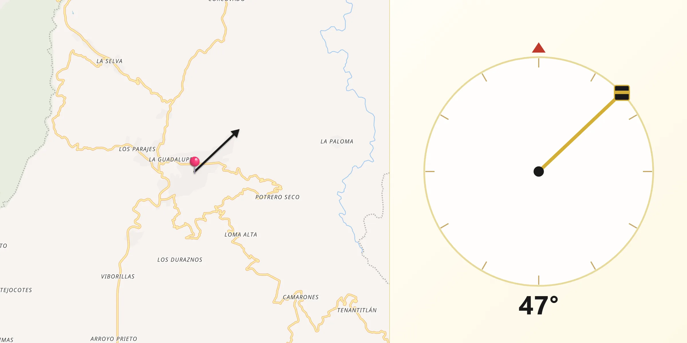 Dirección de la Qibla desde Huayacocotla