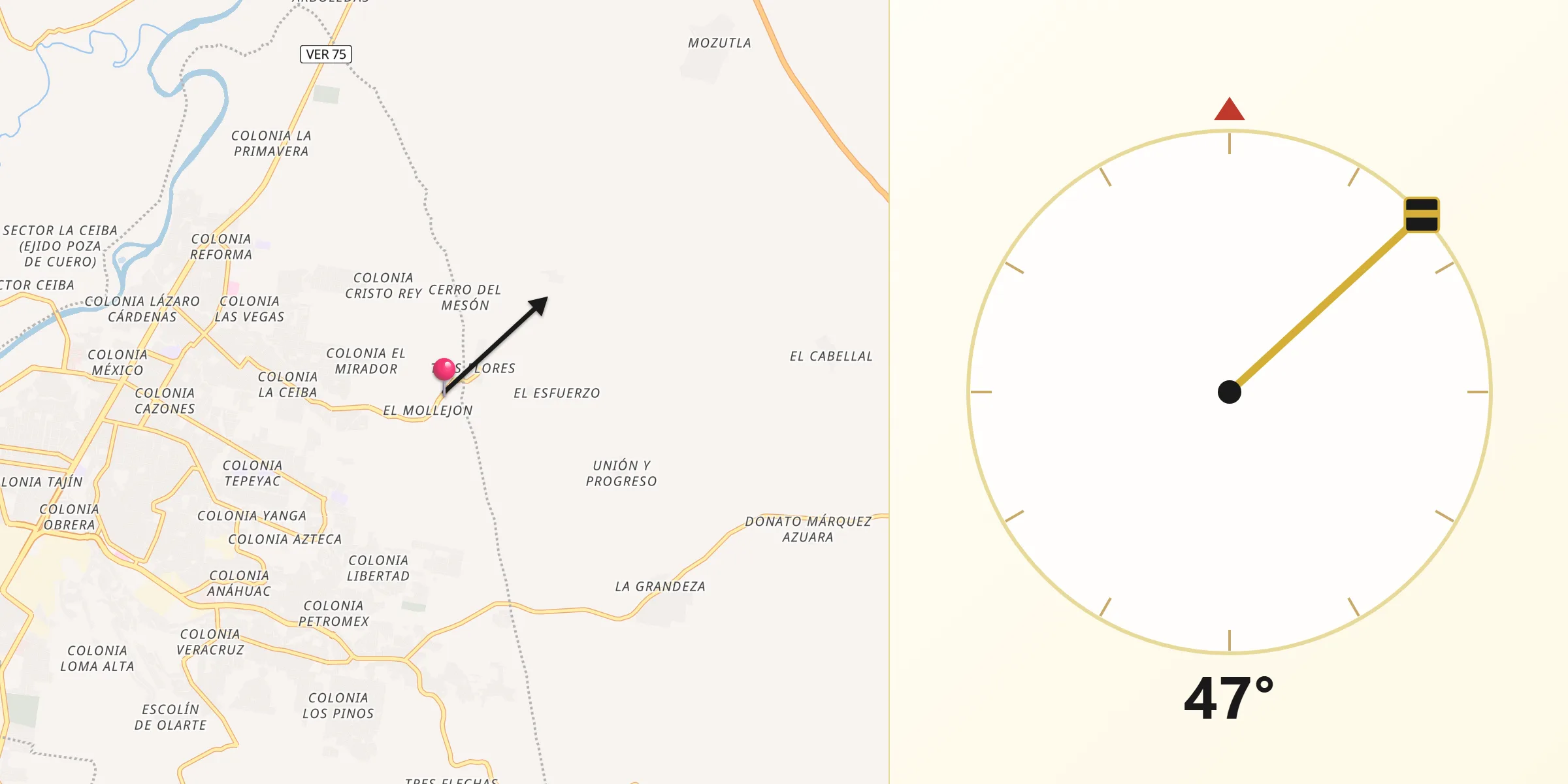 Dirección de la Qibla desde El Mollejon