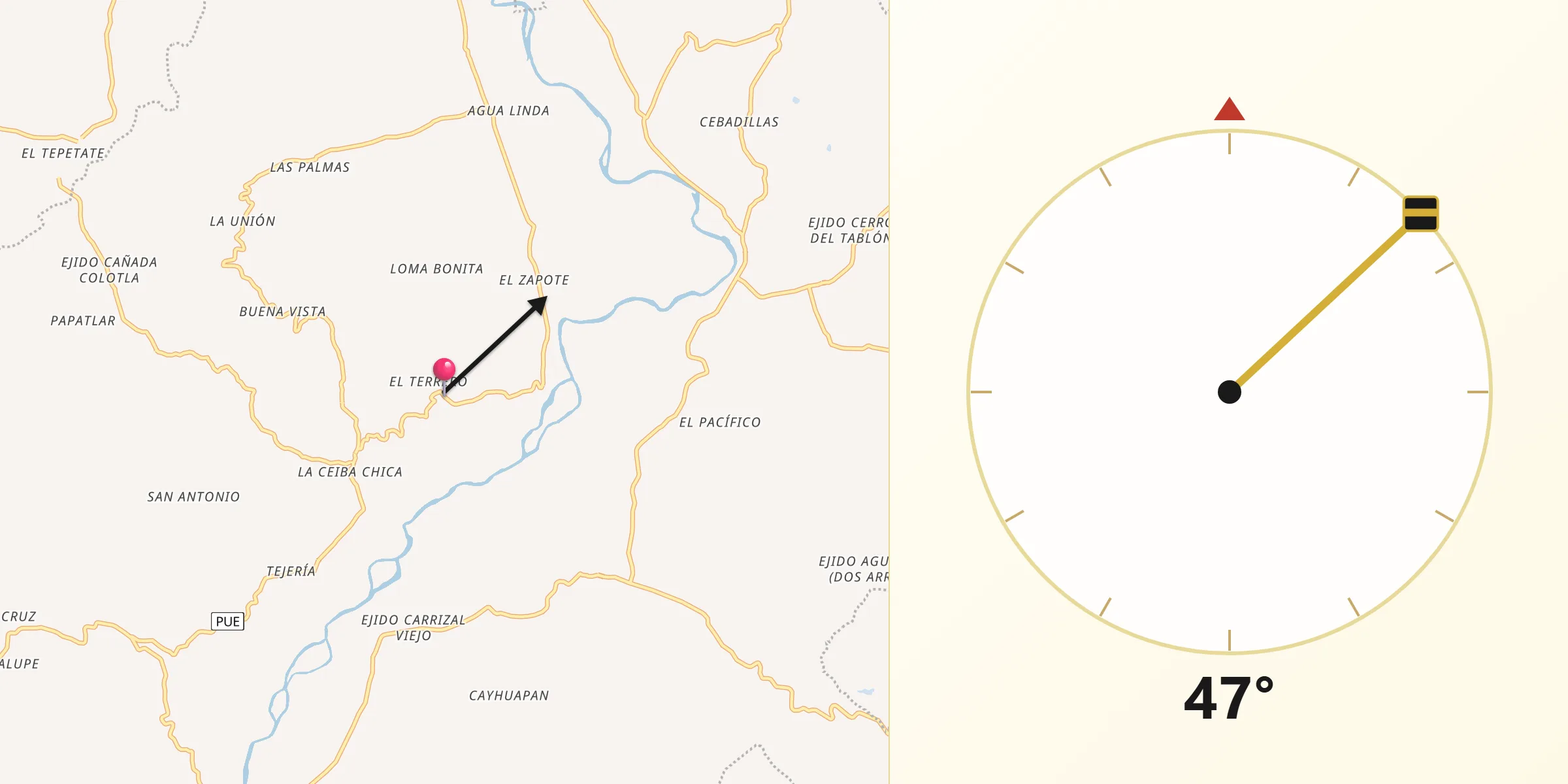 Dirección de la Qibla desde Pantepec