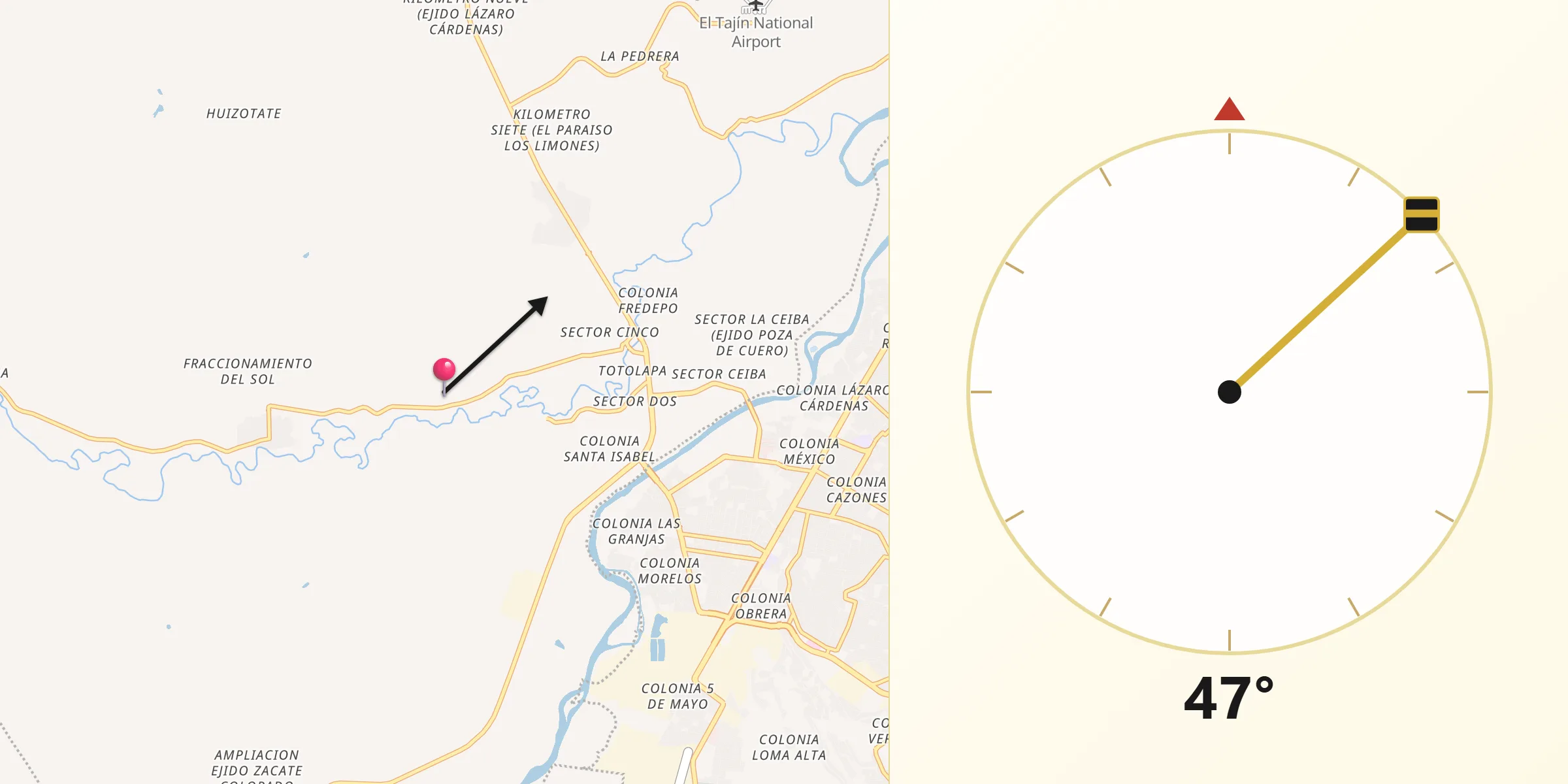 Dirección de la Qibla desde Delegación Miguel Hidalgo