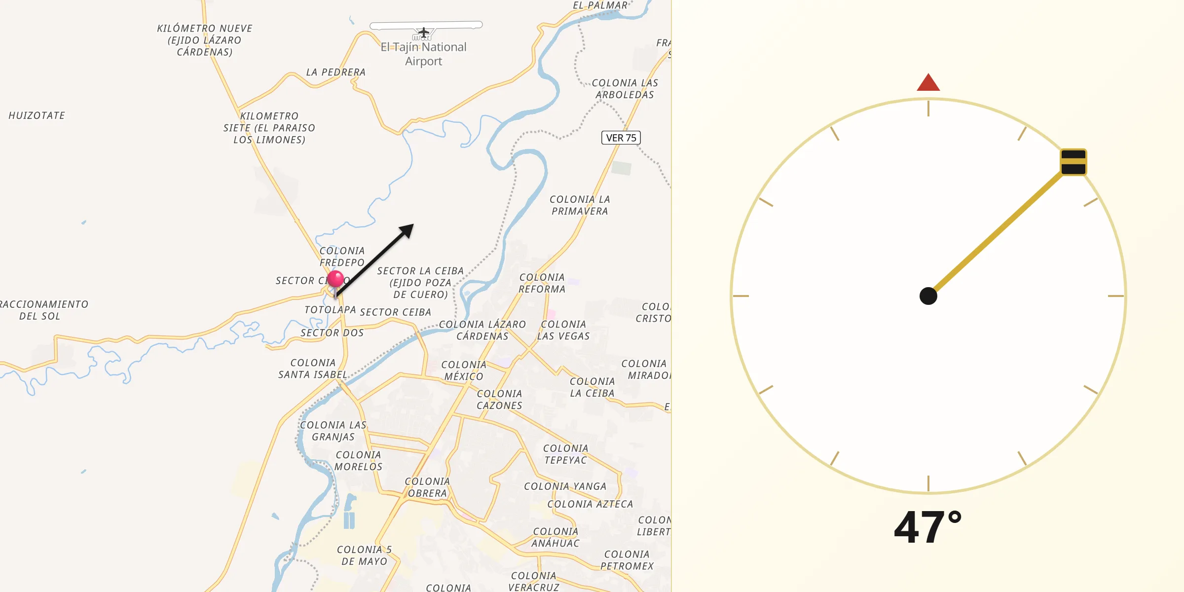 Dirección de la Qibla desde Totolapa