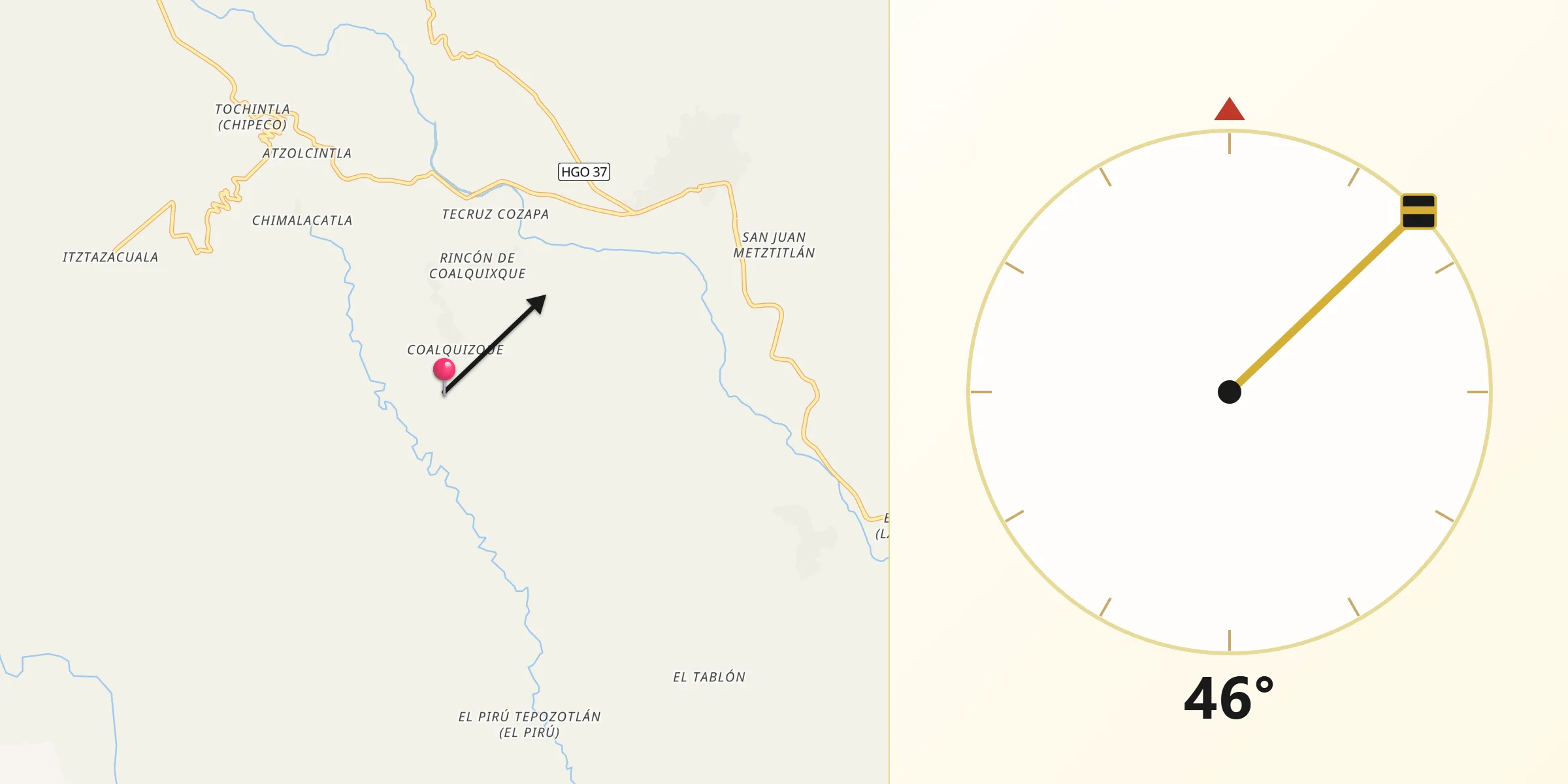 Dirección de la Qibla desde Metztitlán