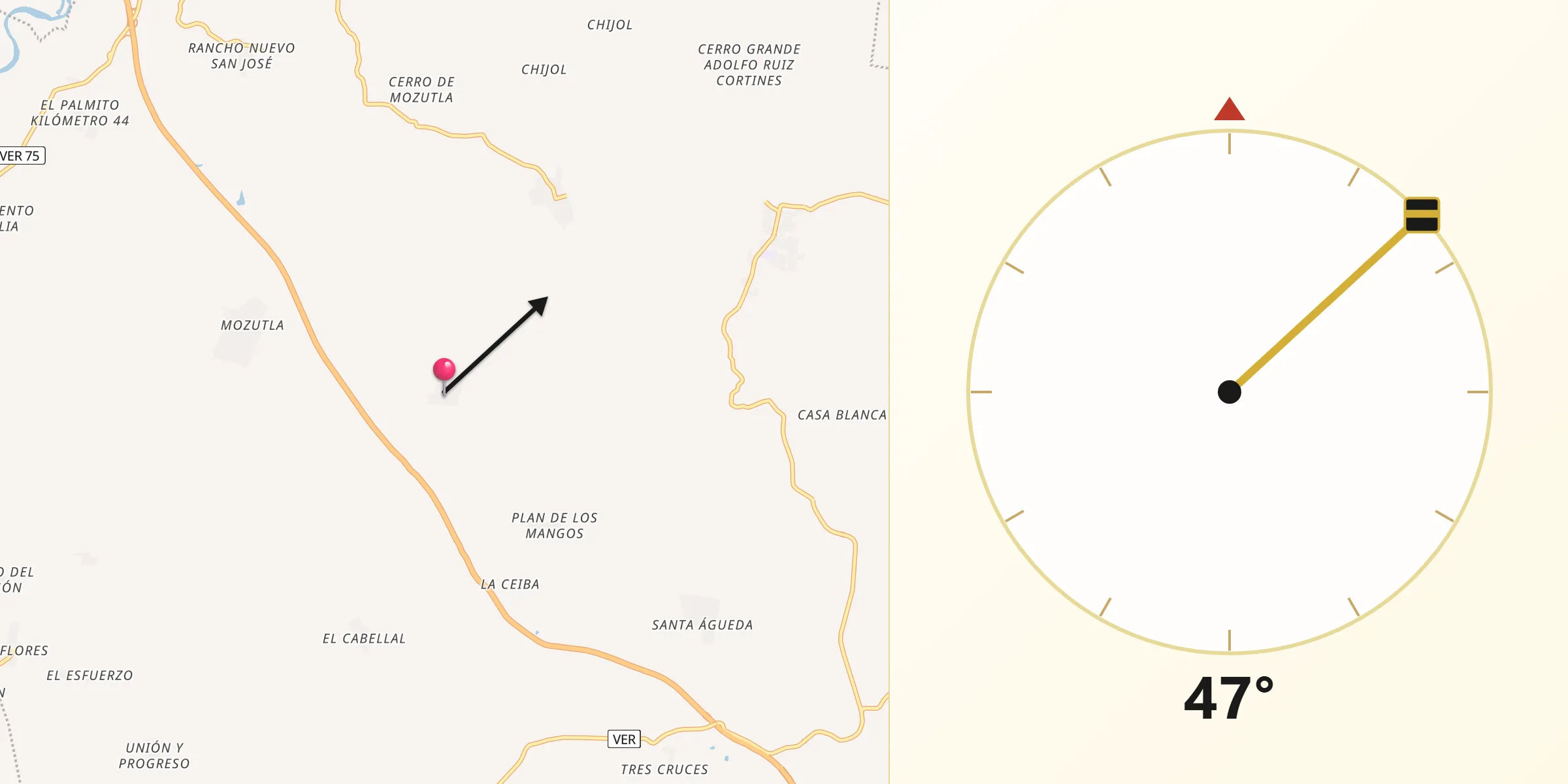 Dirección de la Qibla desde Vicente Herrera