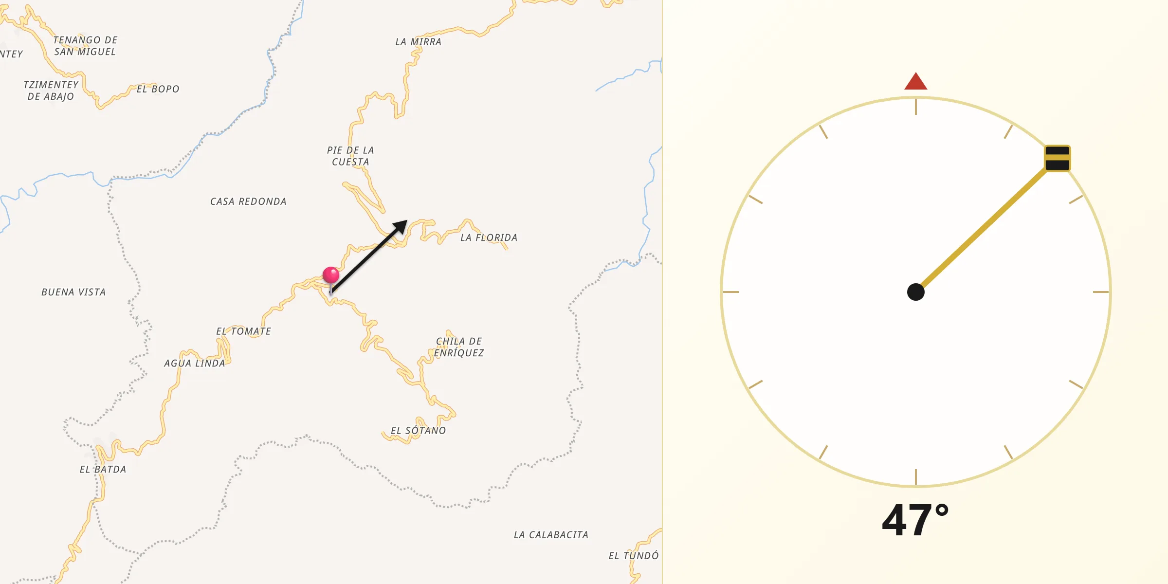 Dirección de la Qibla desde Texcatepec