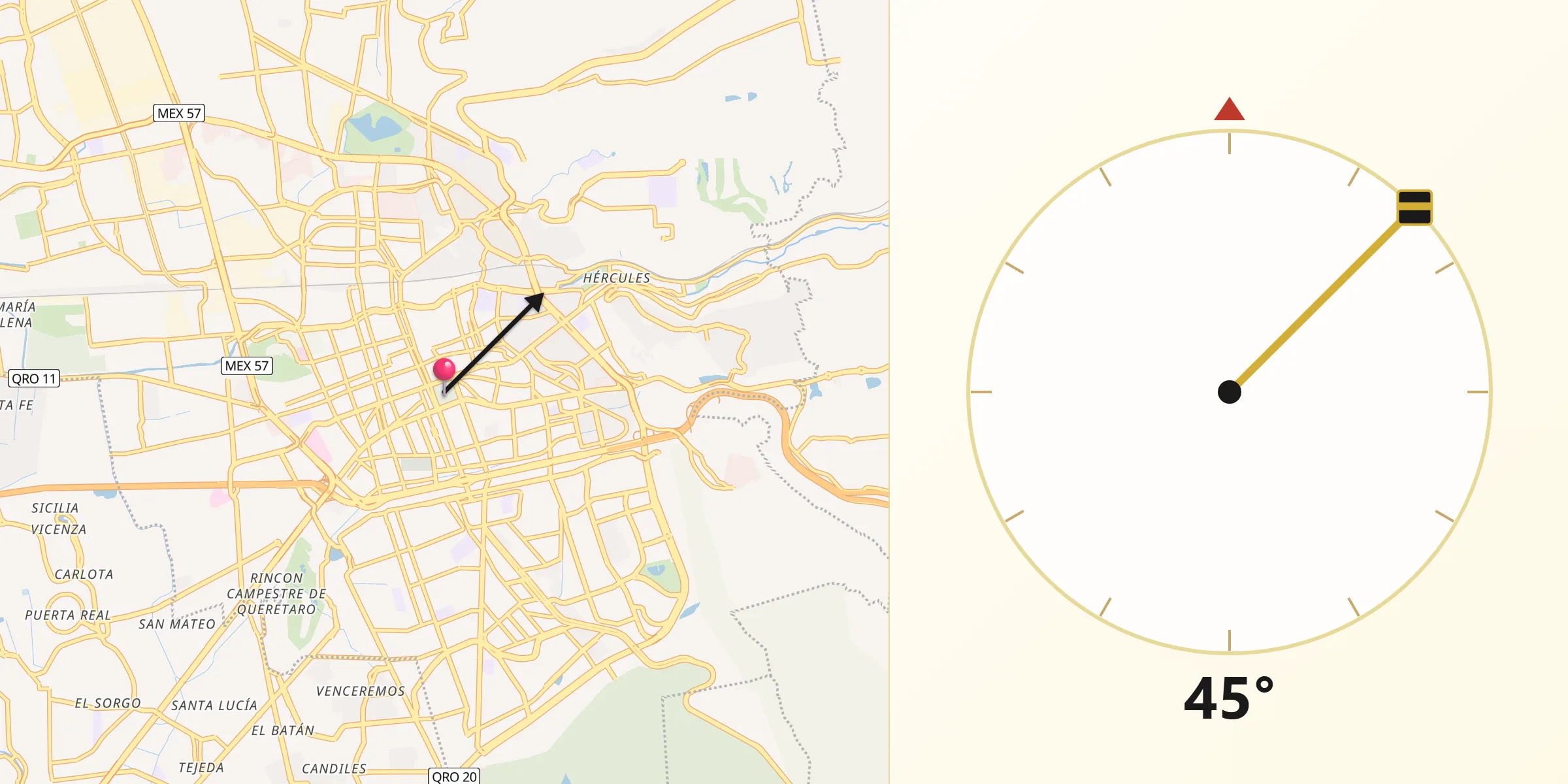 Dirección de la Qibla desde Santiago de Querétaro