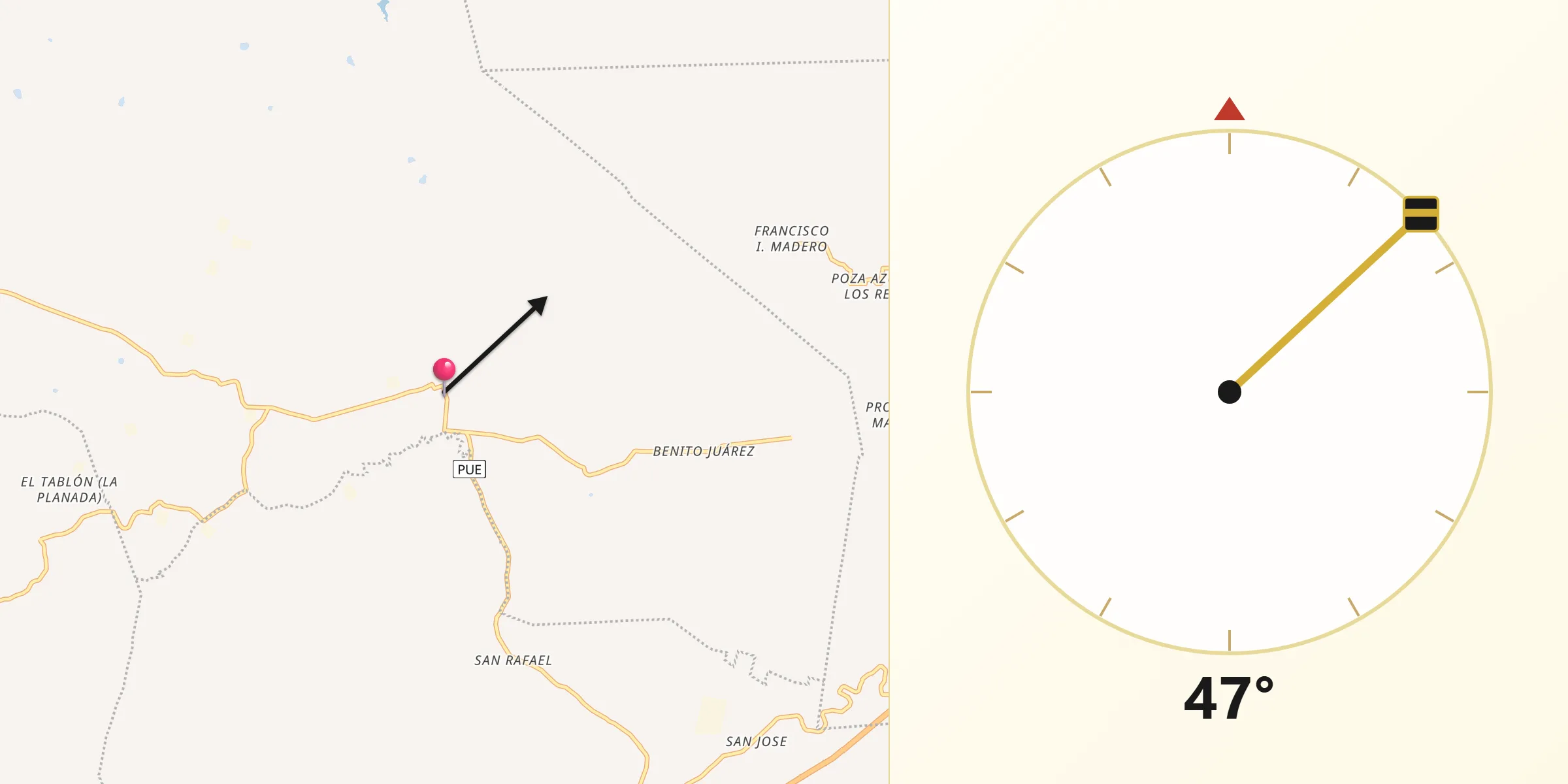 Dirección de la Qibla desde Huitzilac