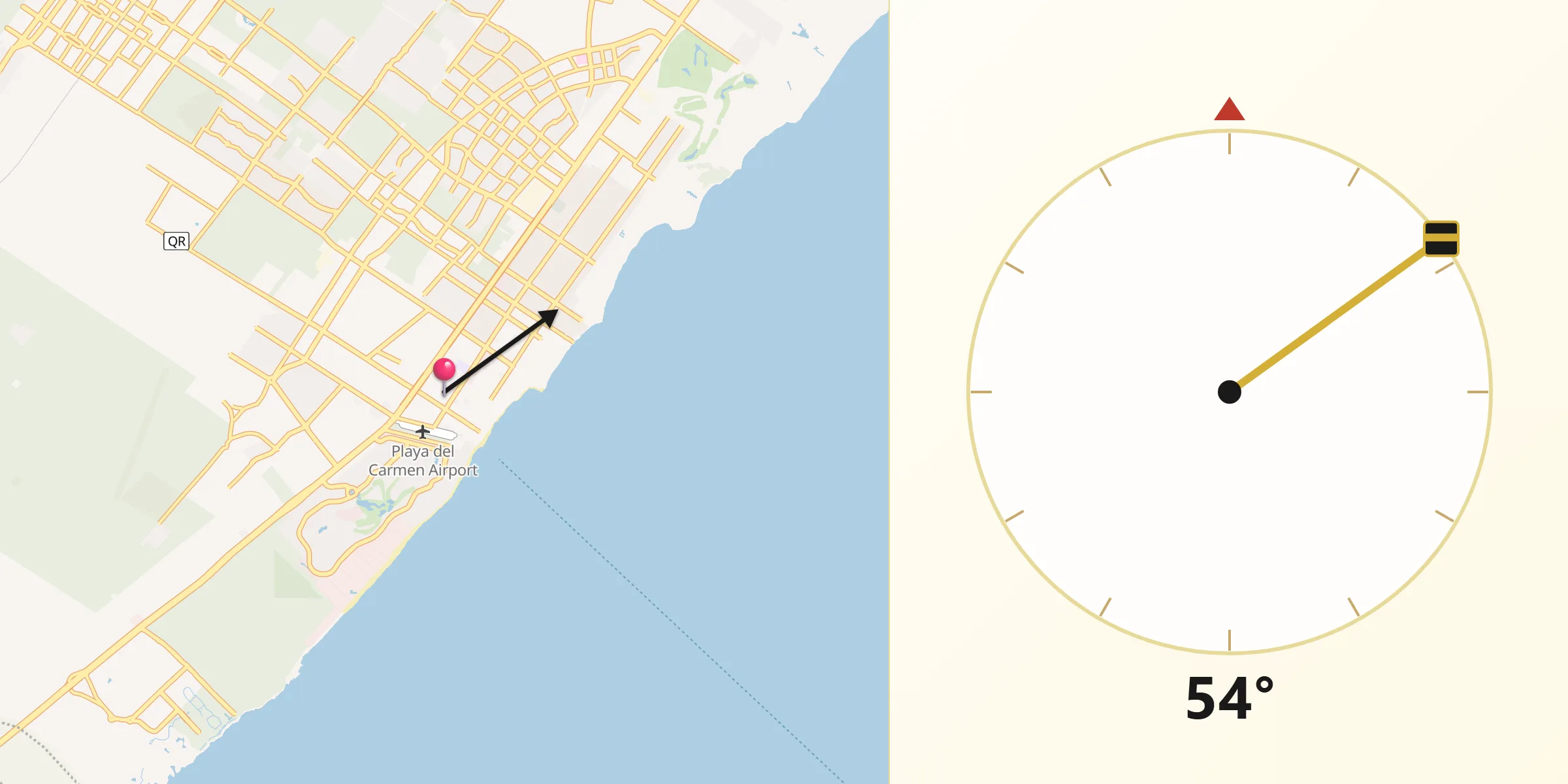 Dirección de la Qibla desde Playa del Carmen