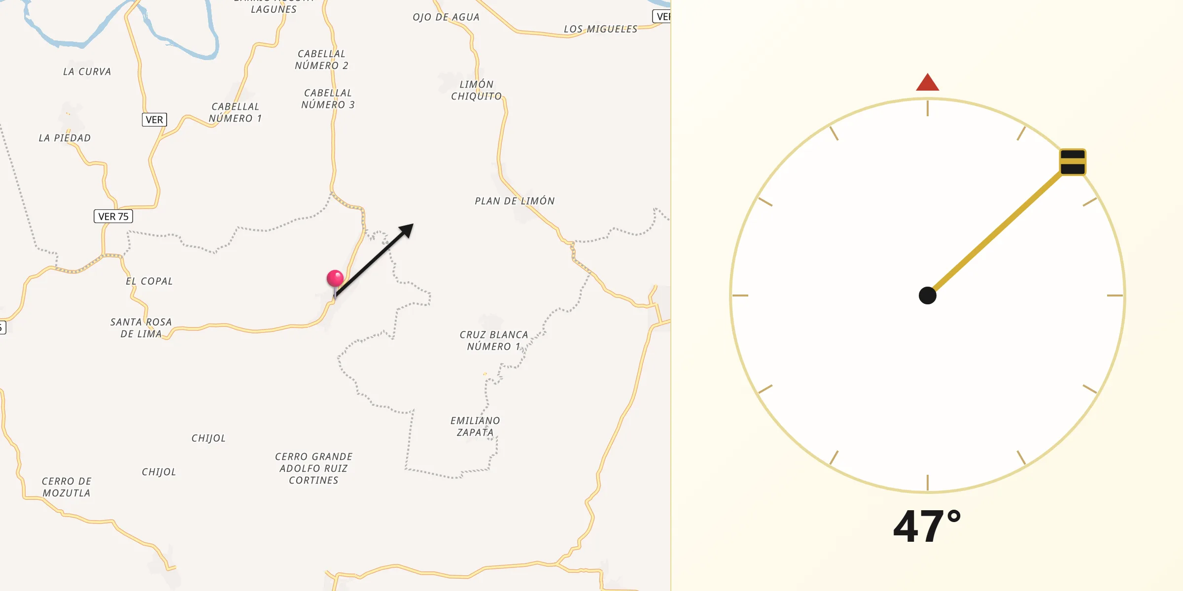 Dirección de la Qibla desde Caristay