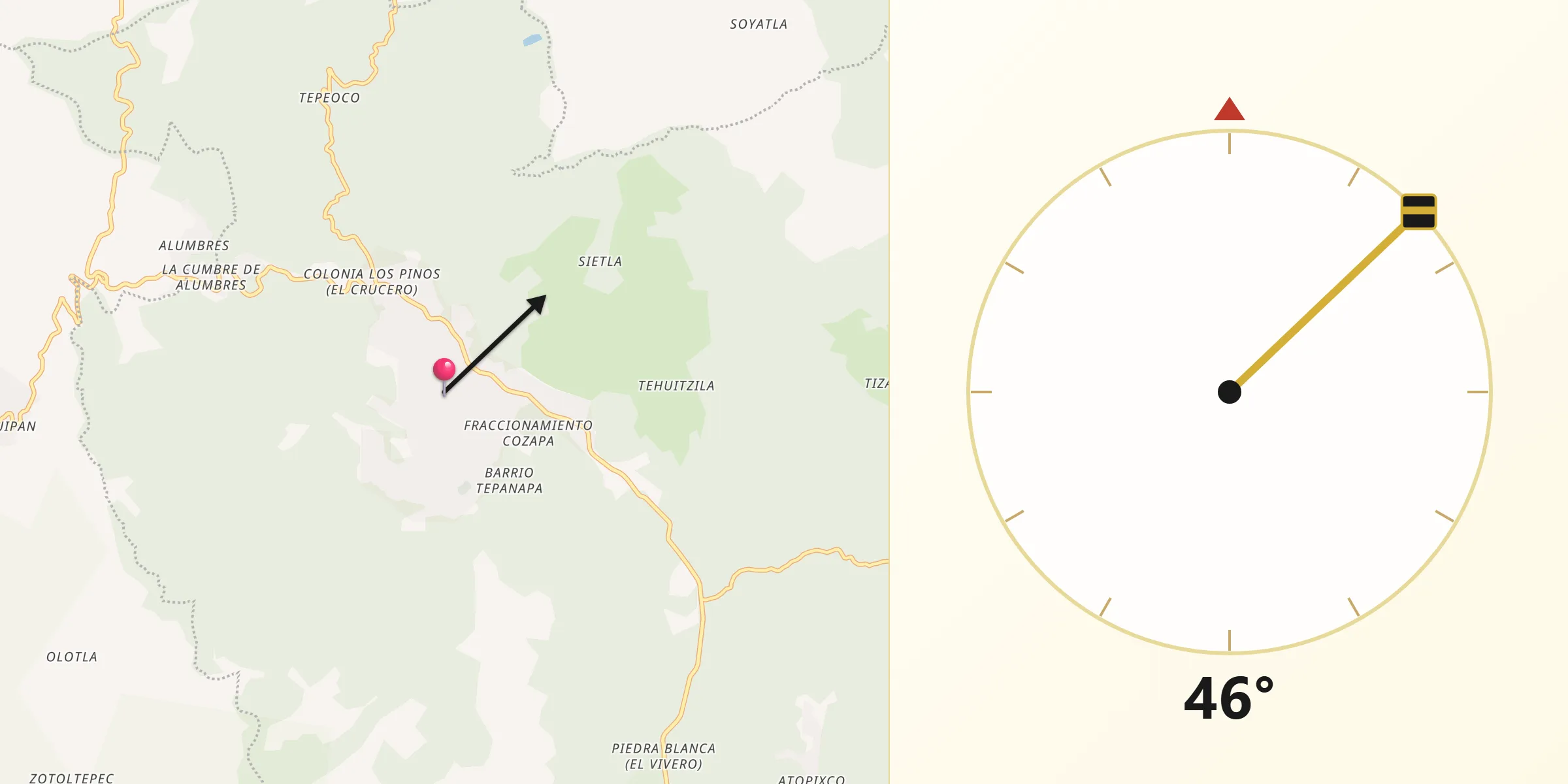 Dirección de la Qibla desde Zacualtipán