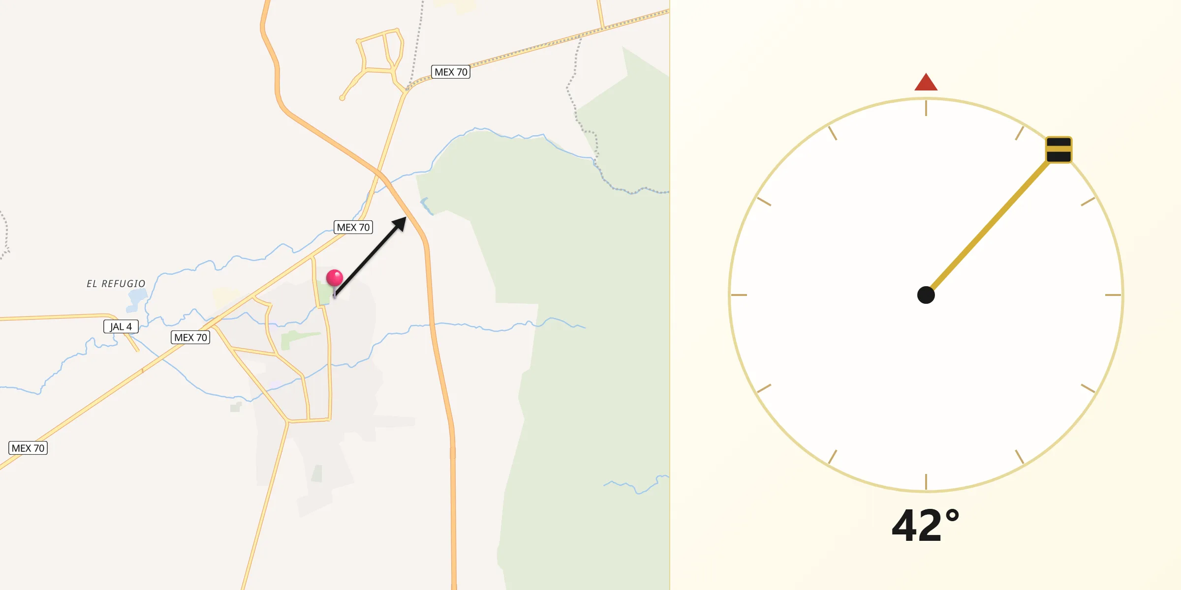 Dirección de la Qibla desde Ameca