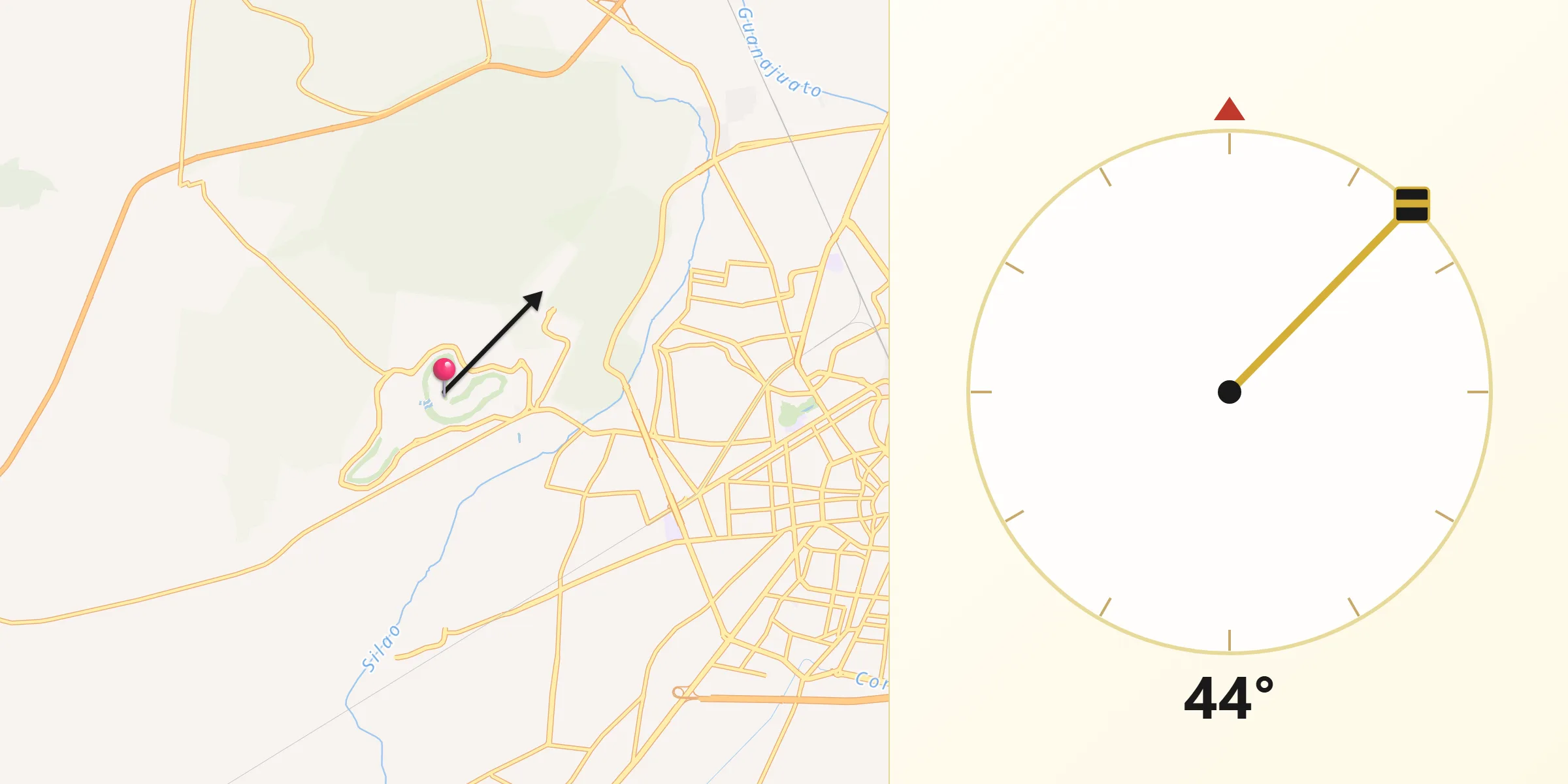 Dirección de la Qibla desde Villas de Irapuato