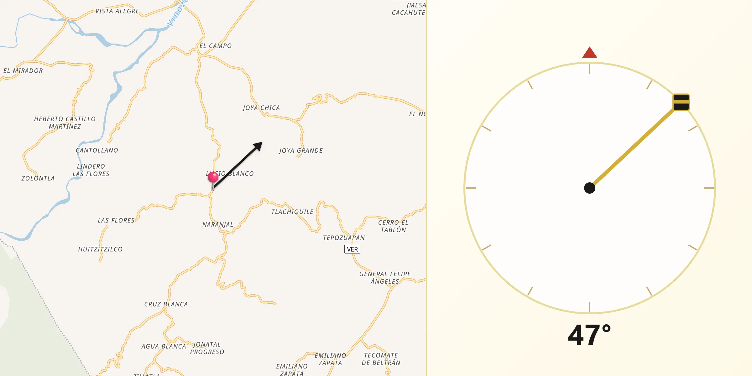 Dirección de la Qibla desde Ixhuatlán de Madero
