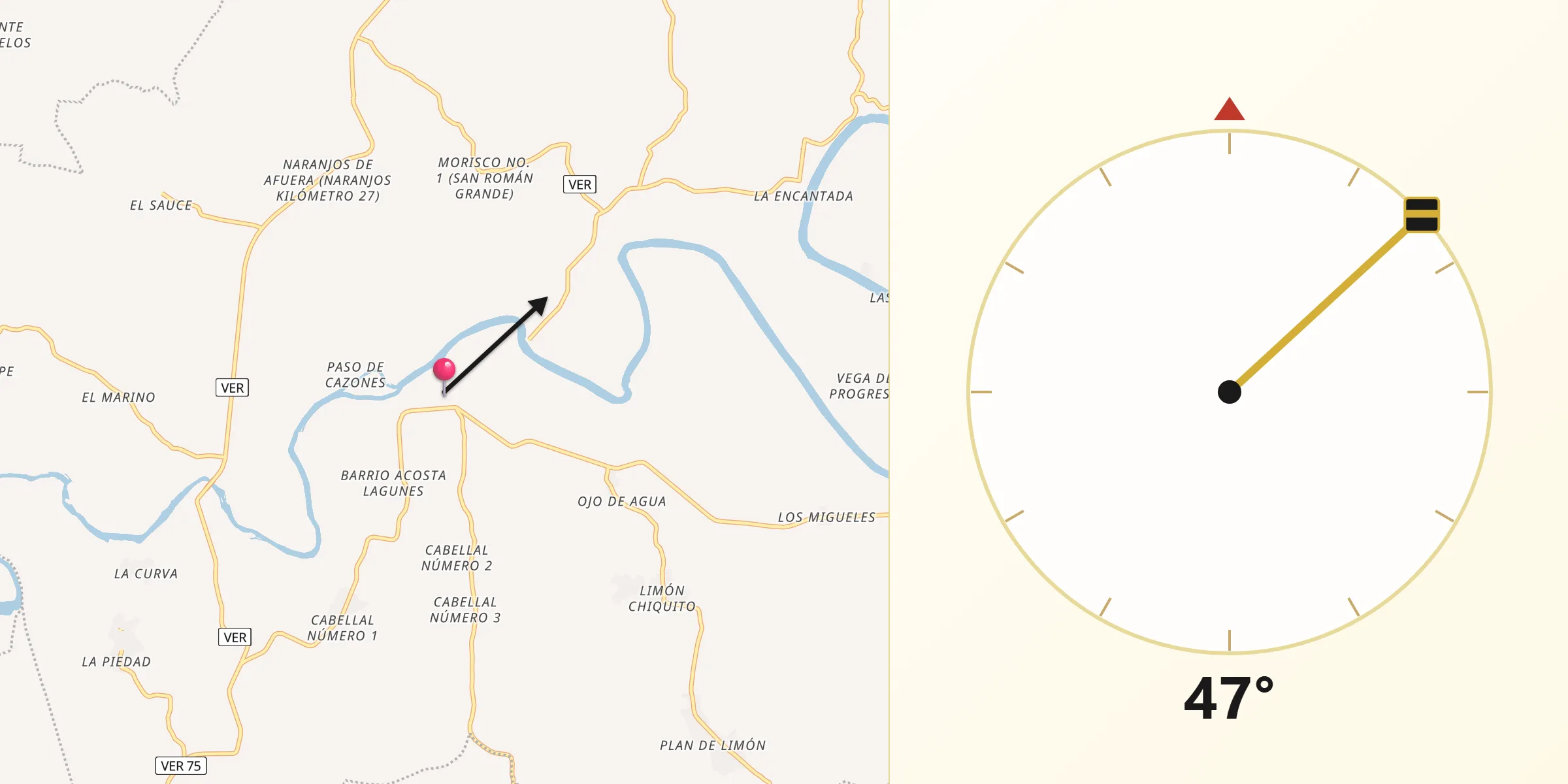 Dirección de la Qibla desde Cazones de Herrera
