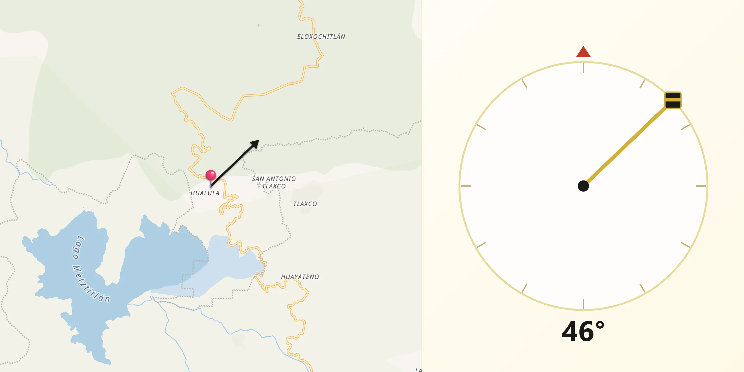 Dirección de la Qibla desde Hualula