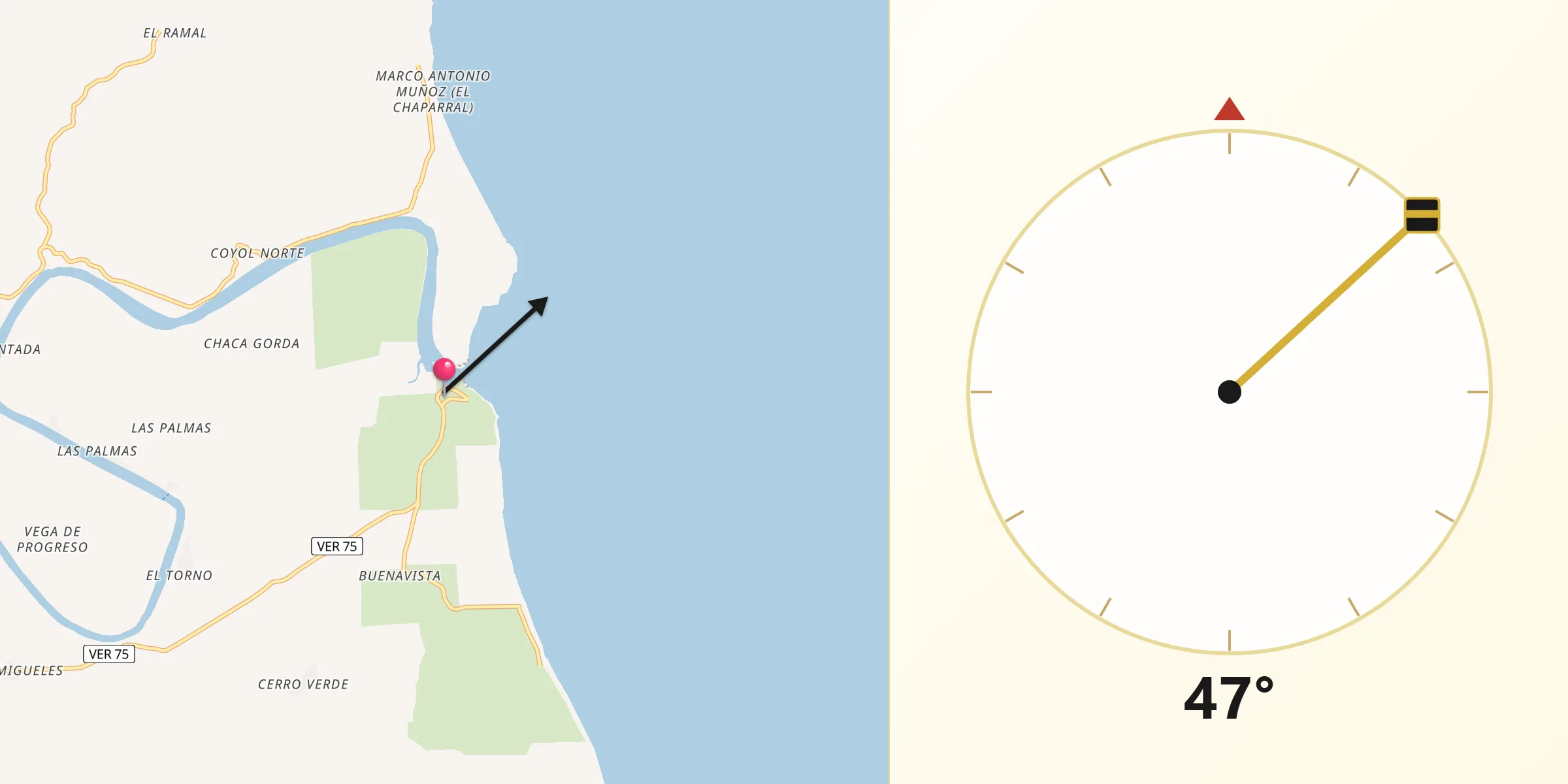 Dirección de la Qibla desde Barra de Cazones