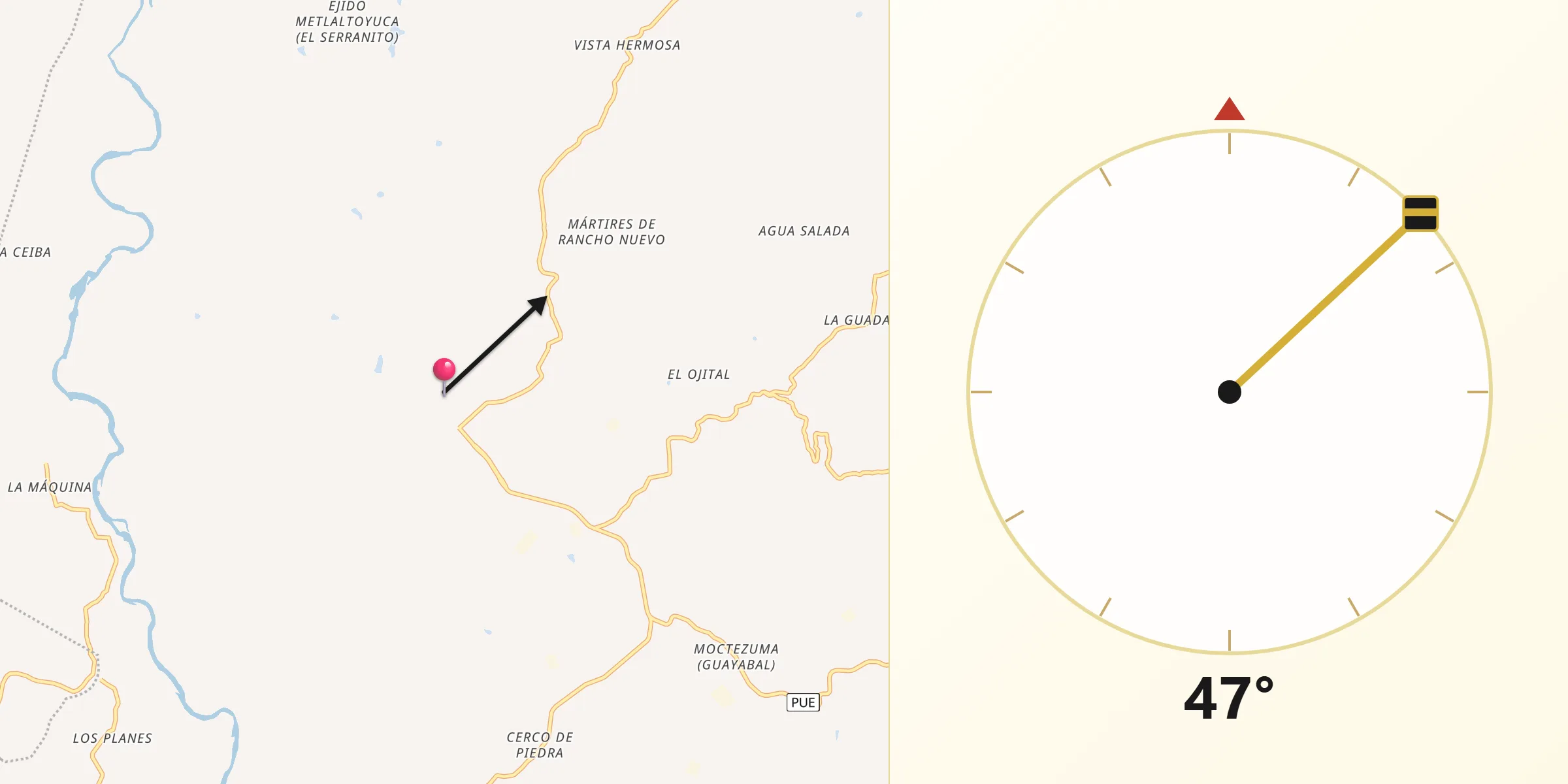 Dirección de la Qibla desde Metlaltoyuca