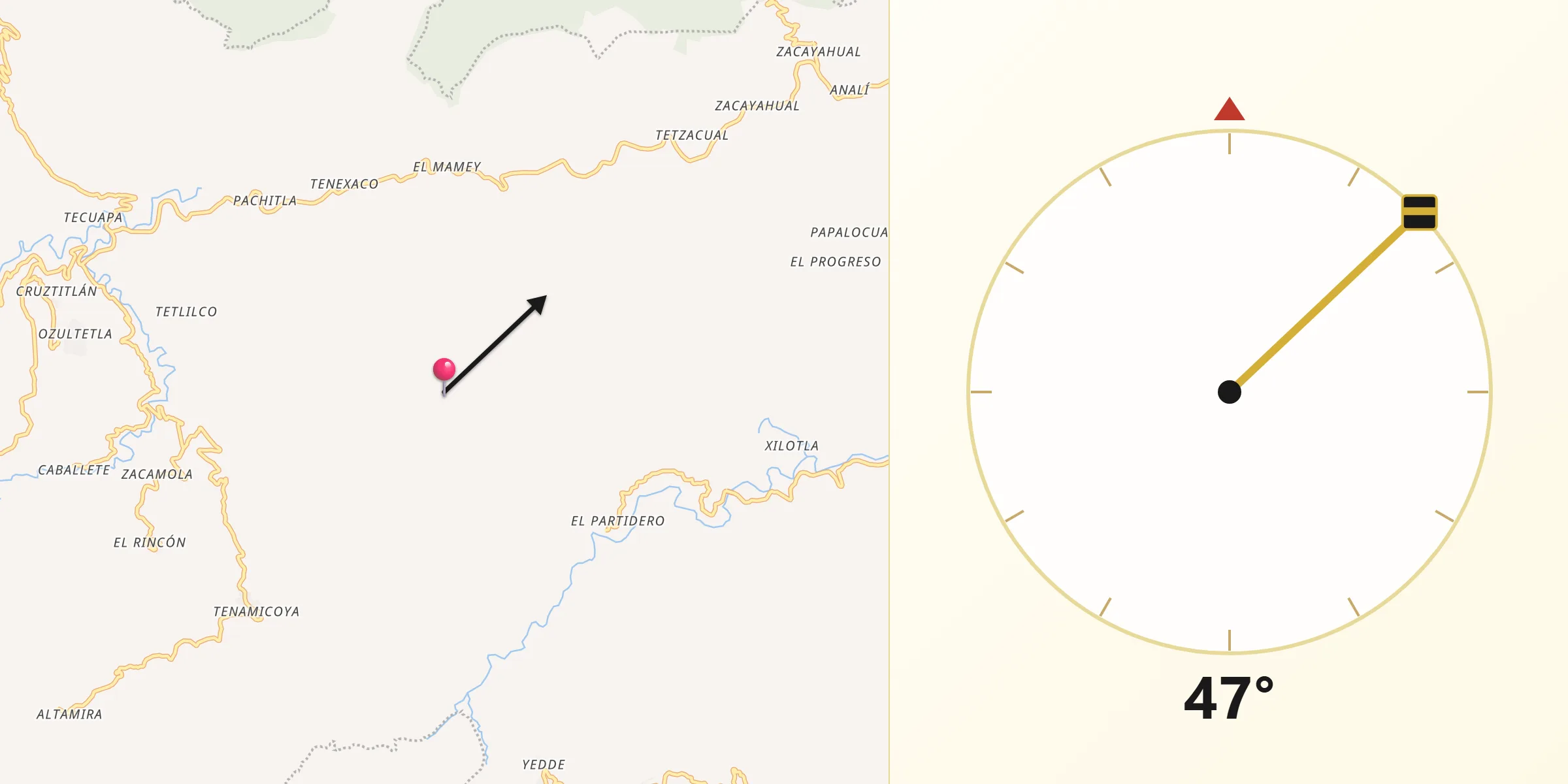 Dirección de la Qibla desde Zontecomatlán de López y Fuentes