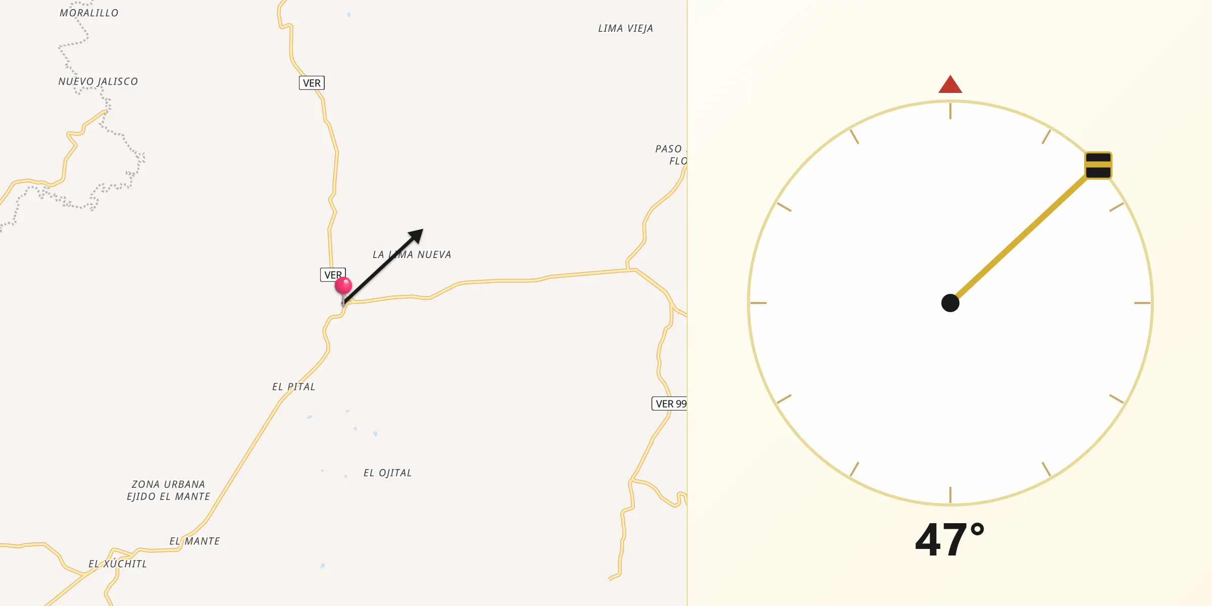 Dirección de la Qibla desde Teayo