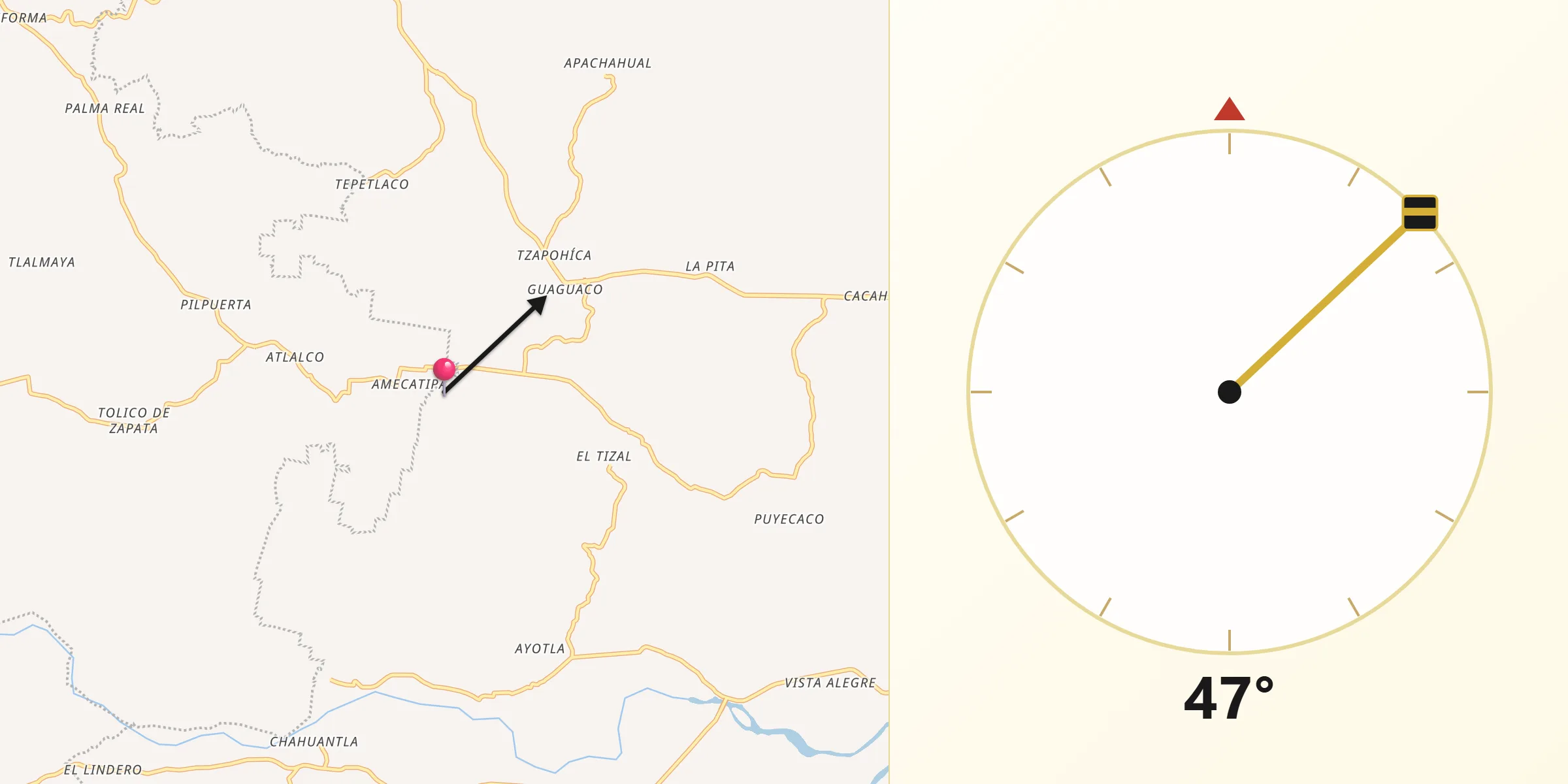Dirección de la Qibla desde Huexotitla
