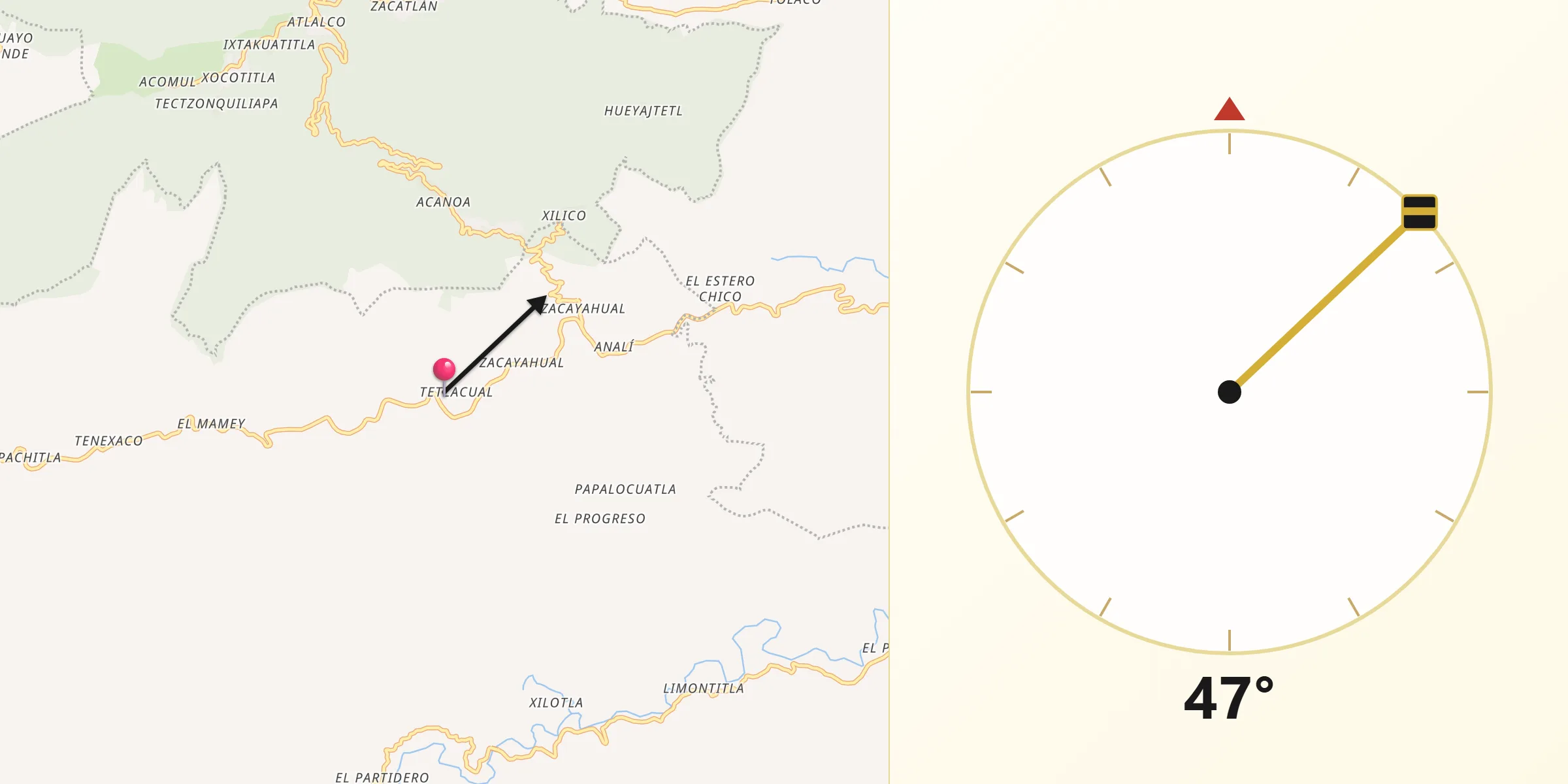 Dirección de la Qibla desde Tetzacual
