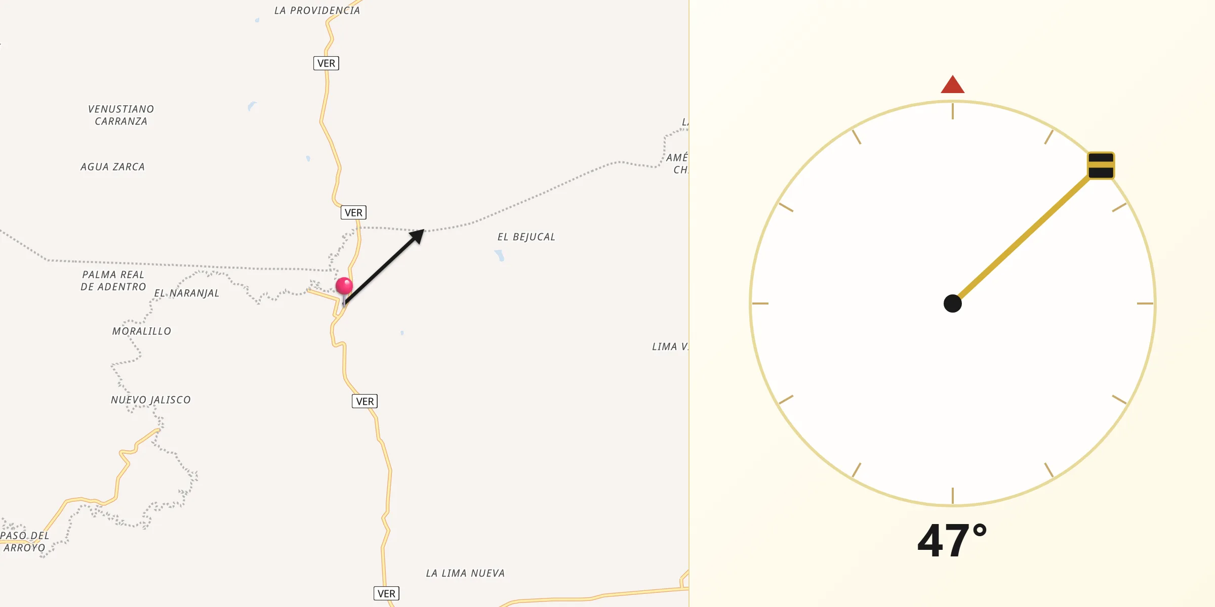 Dirección de la Qibla desde Mequetla