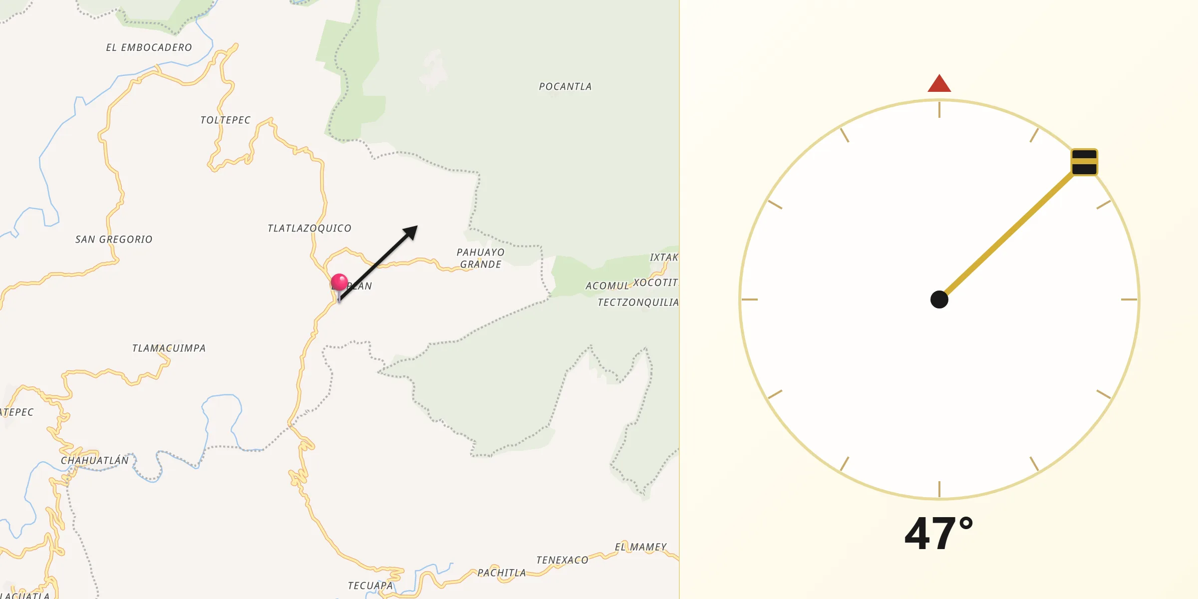 Dirección de la Qibla desde Xococapa