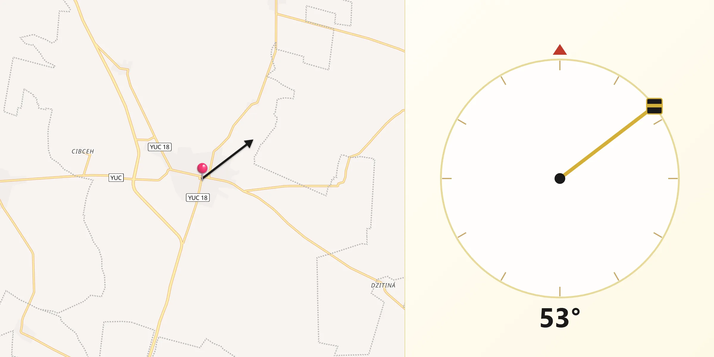 Dirección de la Qibla desde Acanceh