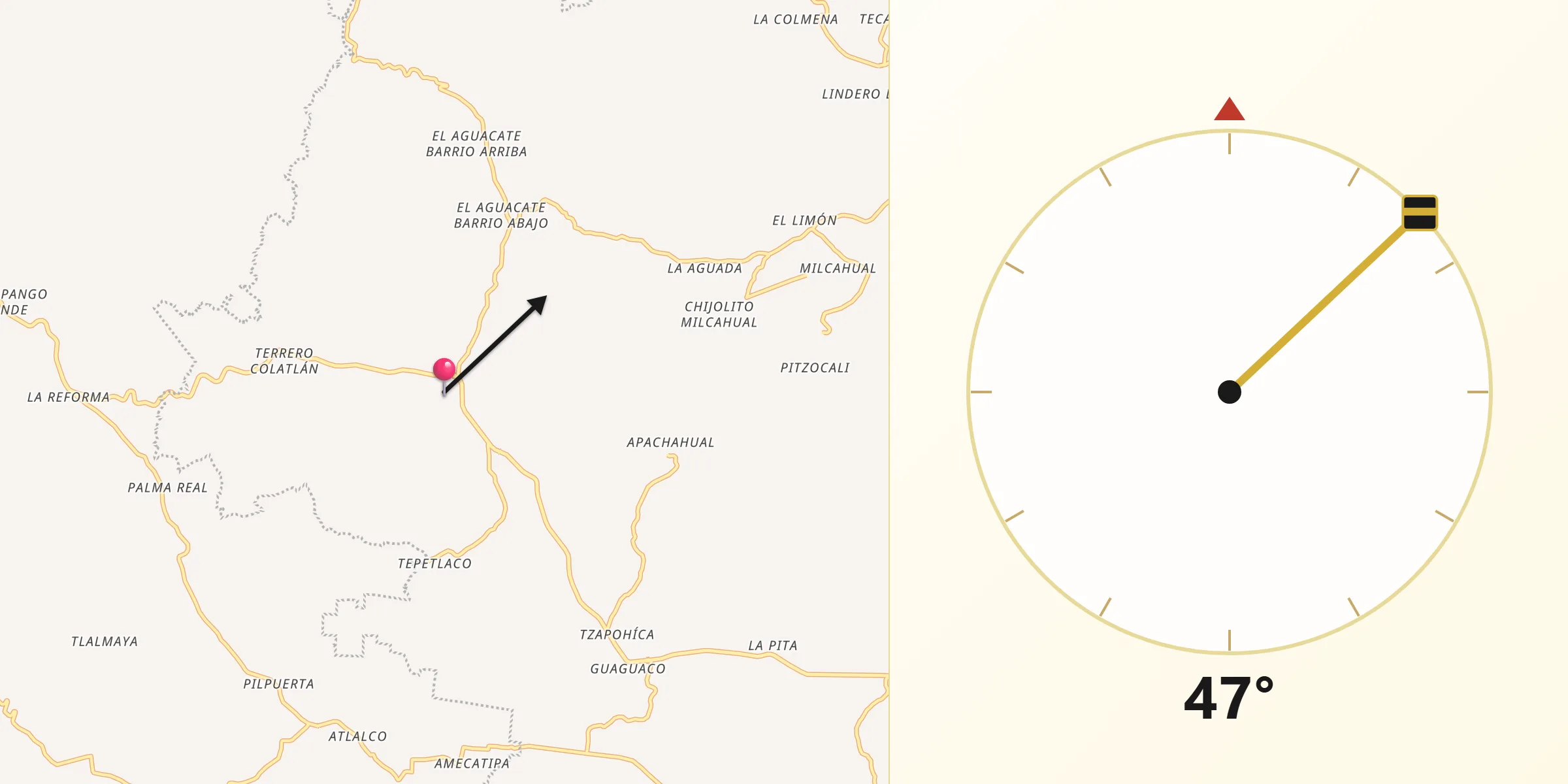 Dirección de la Qibla desde Colatlán