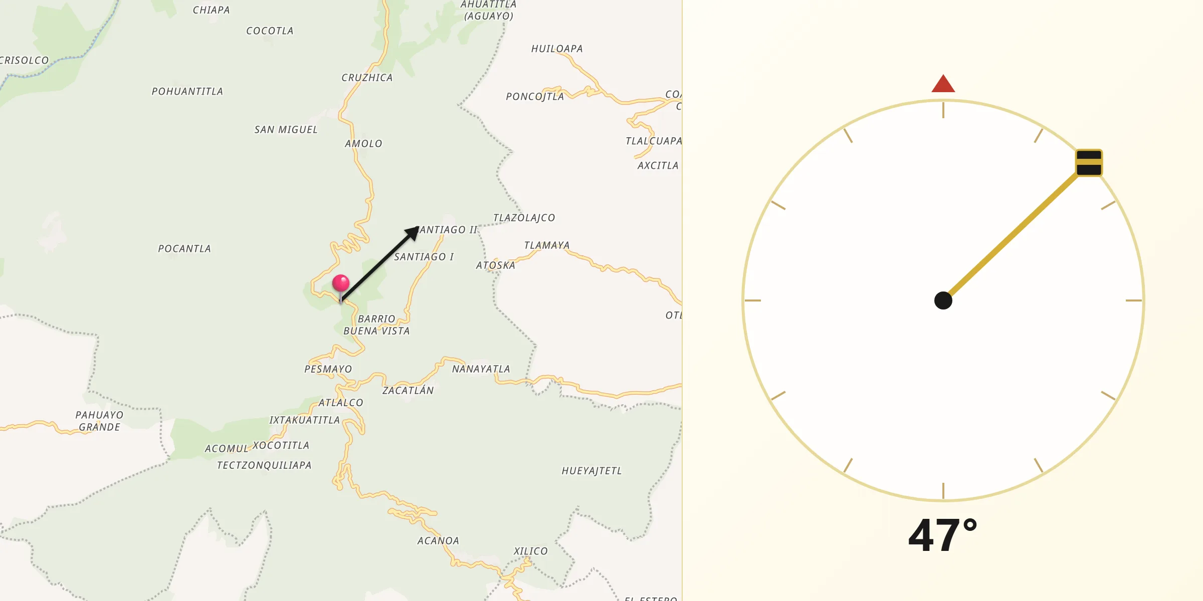 Dirección de la Qibla desde Xochiatipan de Castillo
