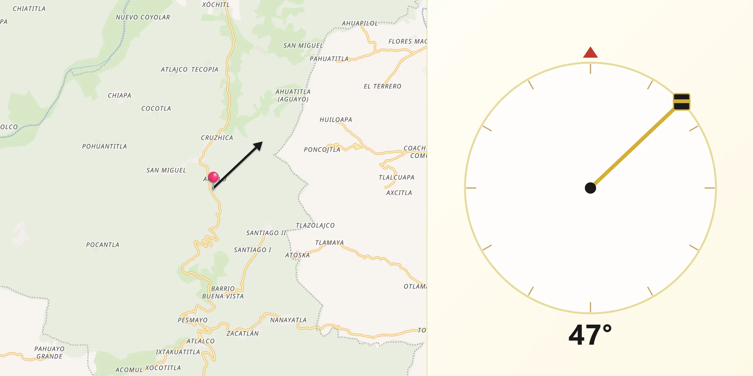 Dirección de la Qibla desde Xochiatipan