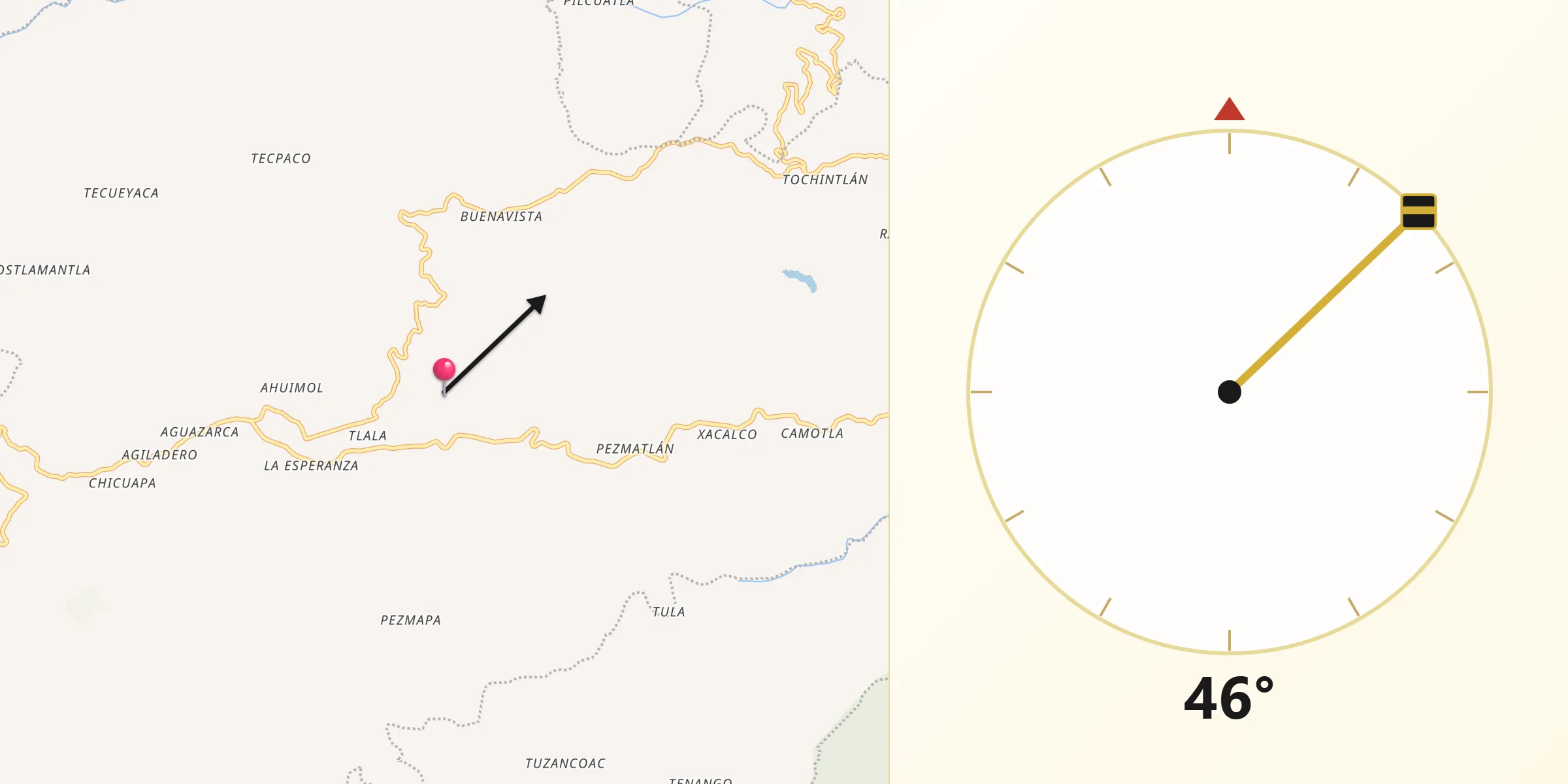 Dirección de la Qibla desde Calnali