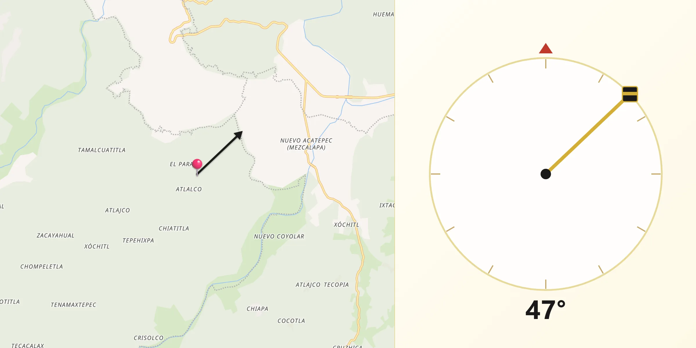 Dirección de la Qibla desde Oxeloco