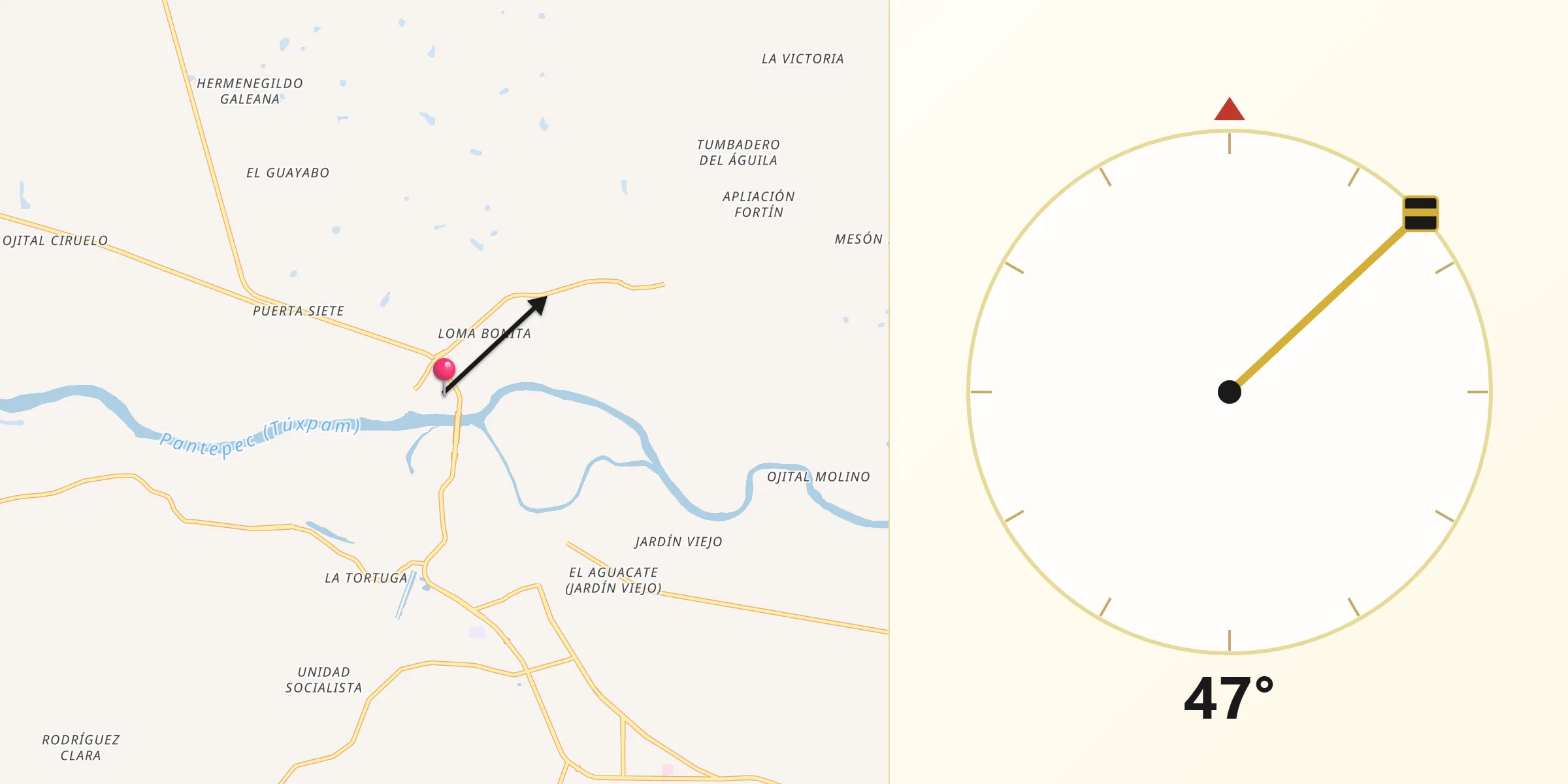 Dirección de la Qibla desde Chapopote Núñez