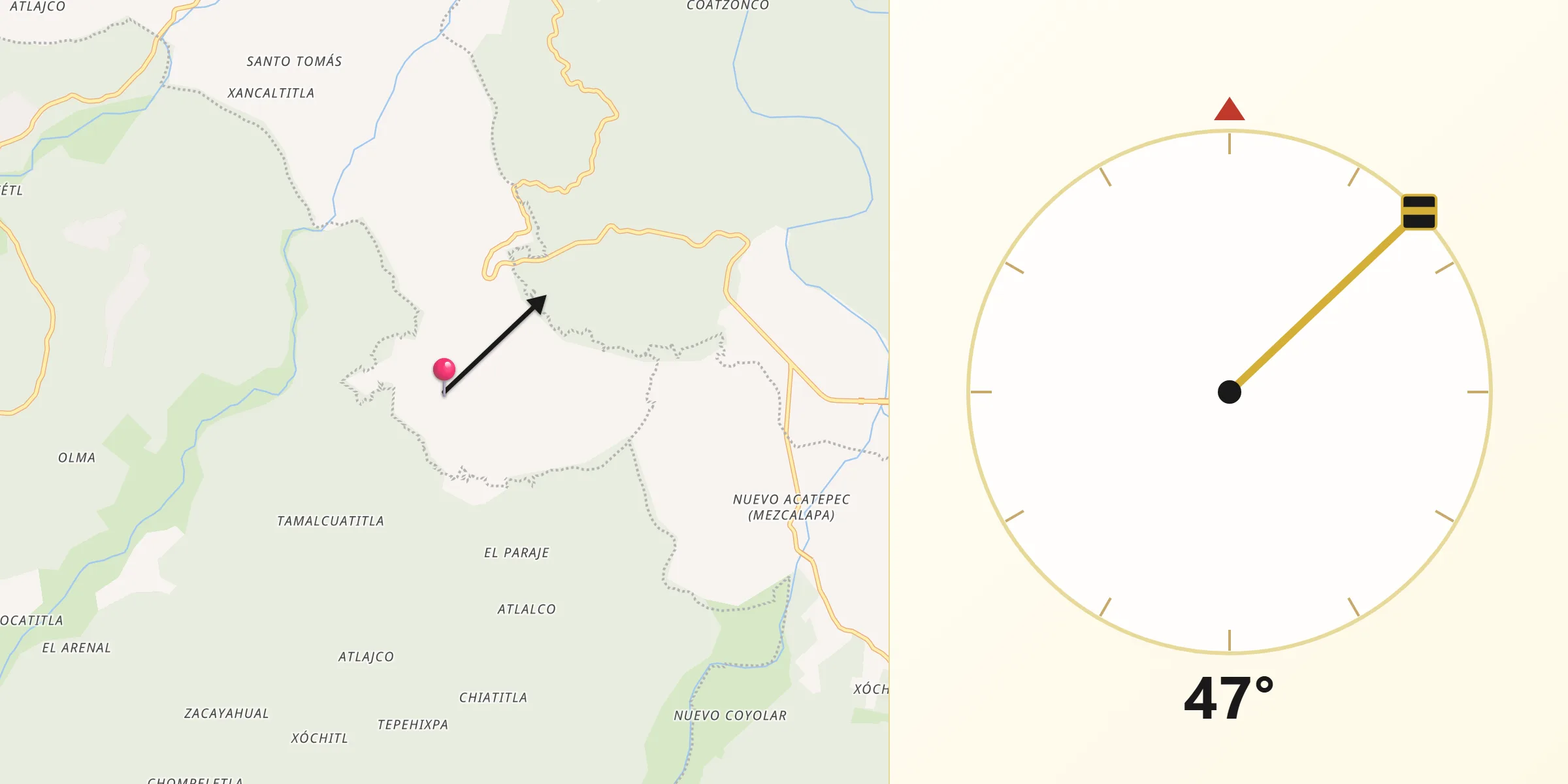 Dirección de la Qibla desde Tecacahuaco