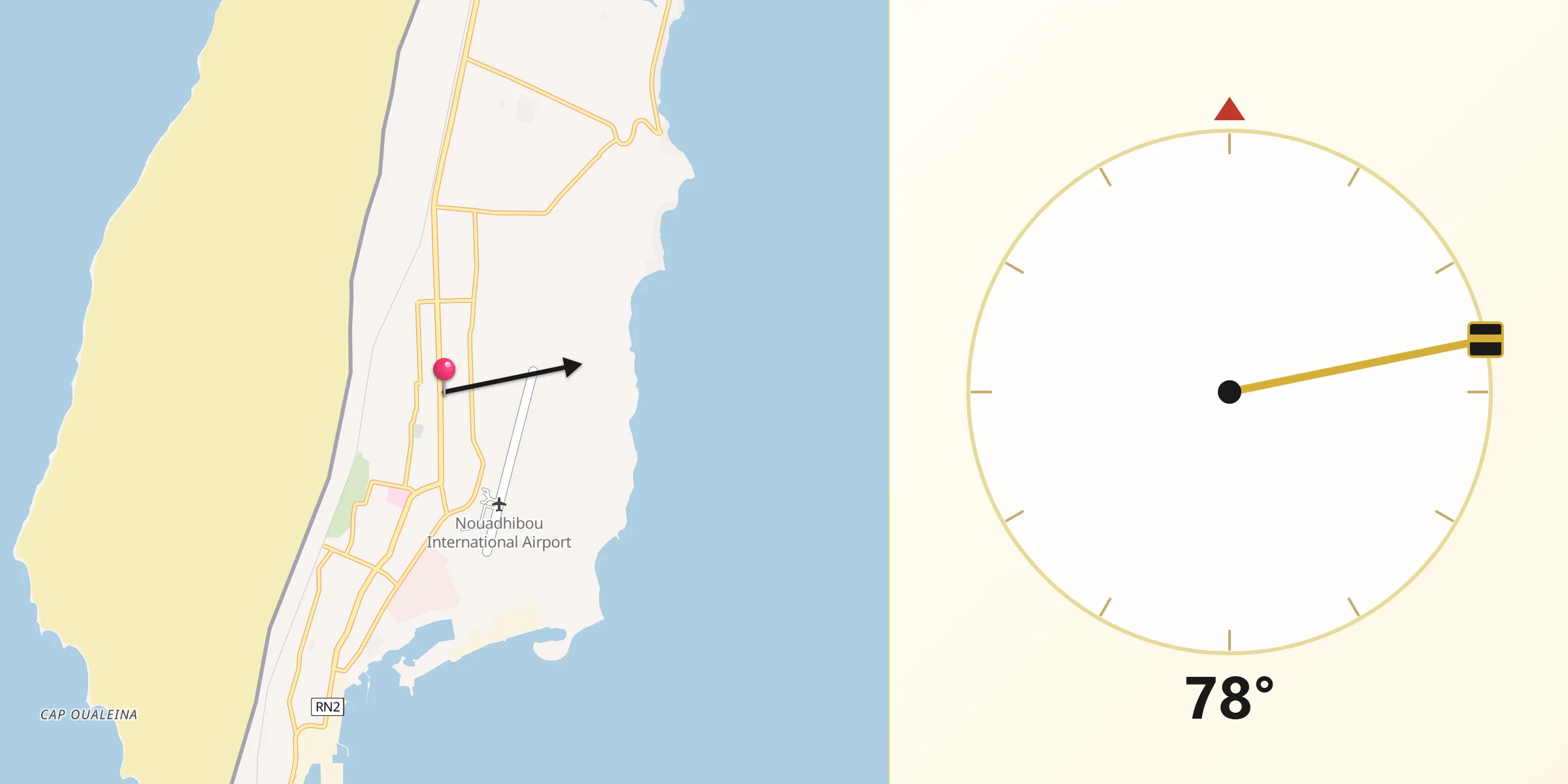 Direction vers la Qibla depuis Nouadhibou