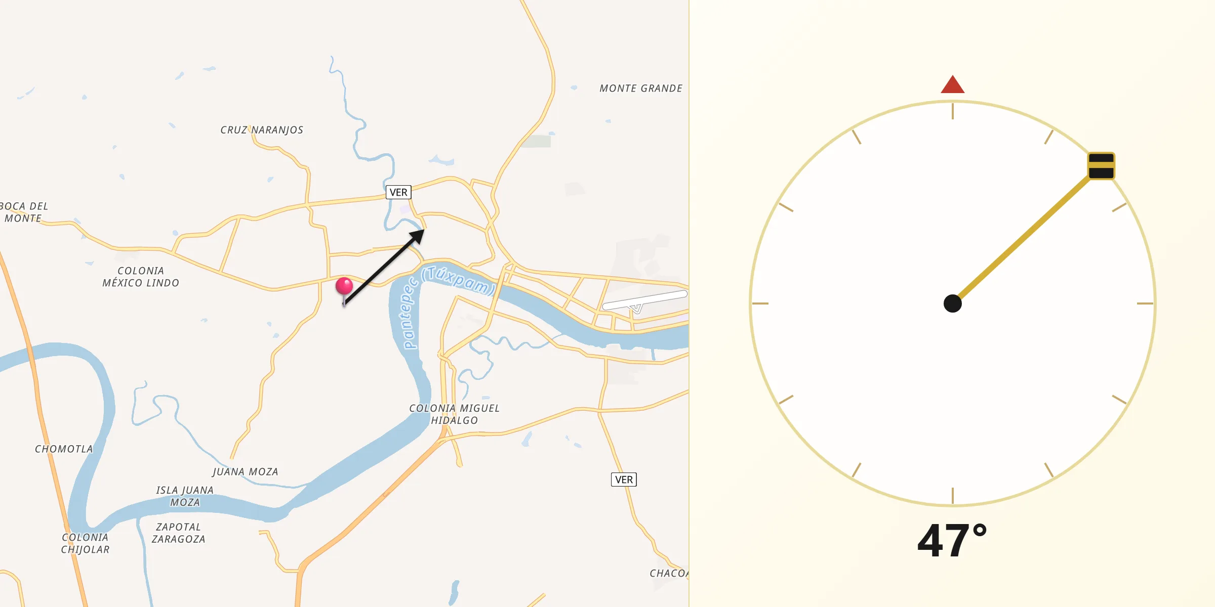 Dirección de la Qibla desde Tuxpan