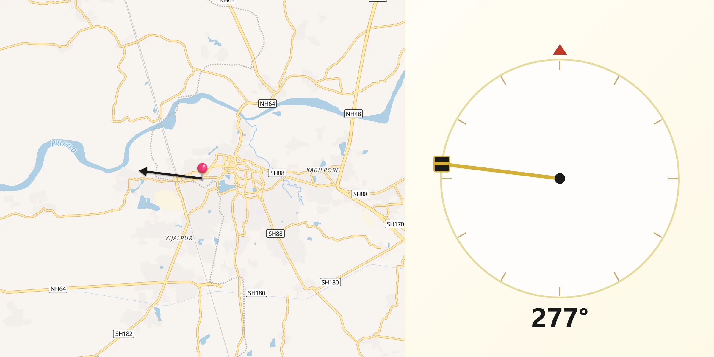 Qibla Direction from Navsari