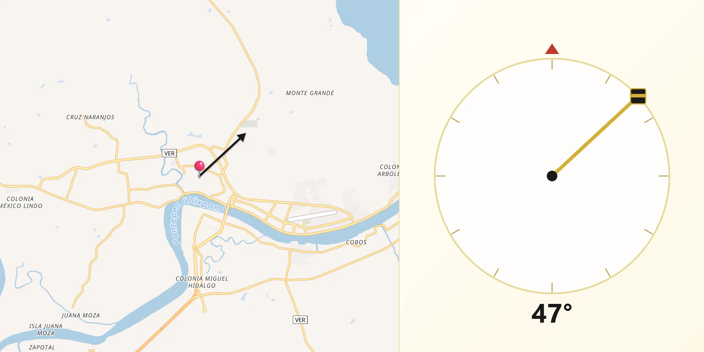 Dirección de la Qibla desde Túxpam