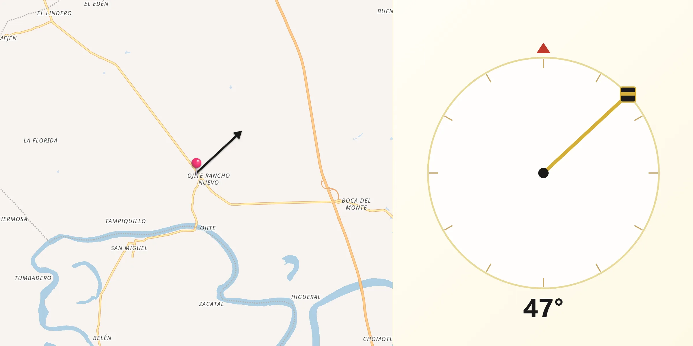 Dirección de la Qibla desde Ojite Rancho Nuevo